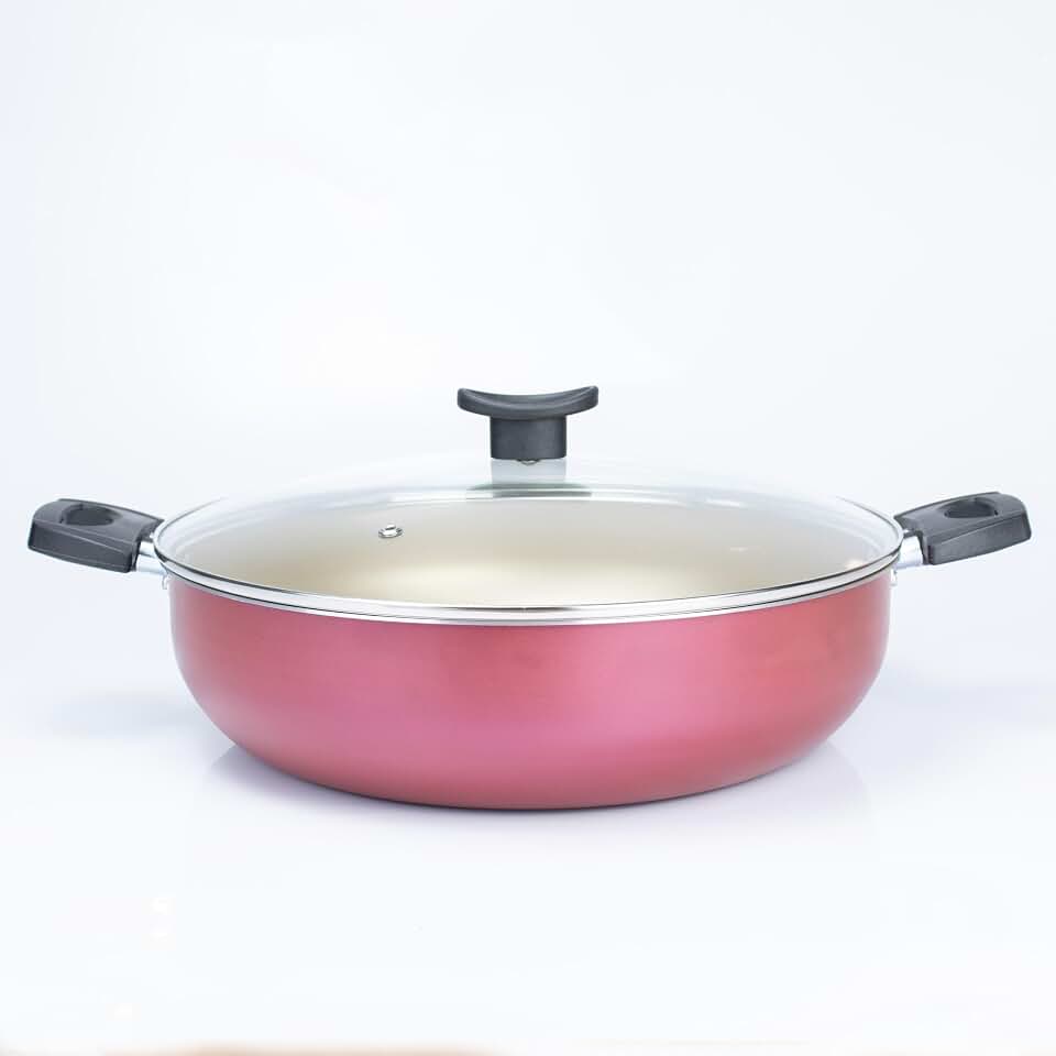 Panela Wok 30m com tampa de vidro Antiaderente Cereja - Ideal para Yakisoba Refogados