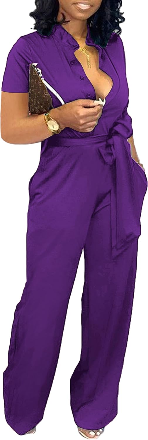 Yiershu Formal Jumpsuit for Women Dressy Elegant Long Straight Pants Jumpsuits for Party Club with Button Down