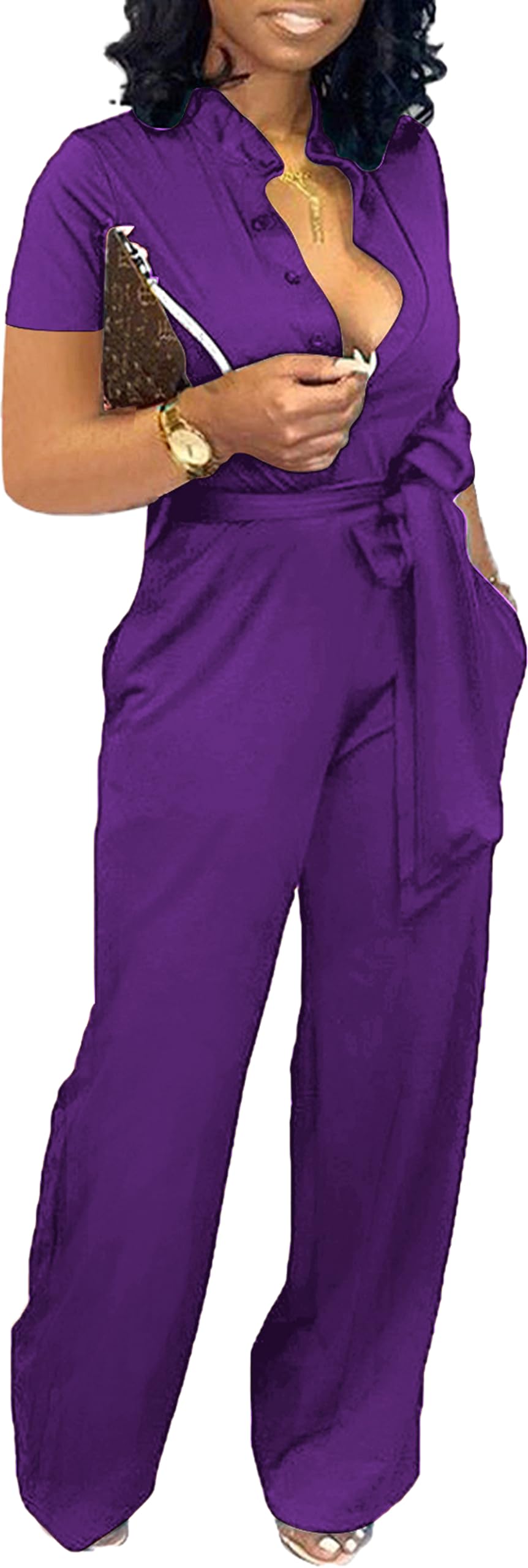 Yiershu Formal Jumpsuit for Women Dressy Elegant Long Straight Pants Jumpsuits for Party Club with Button Down