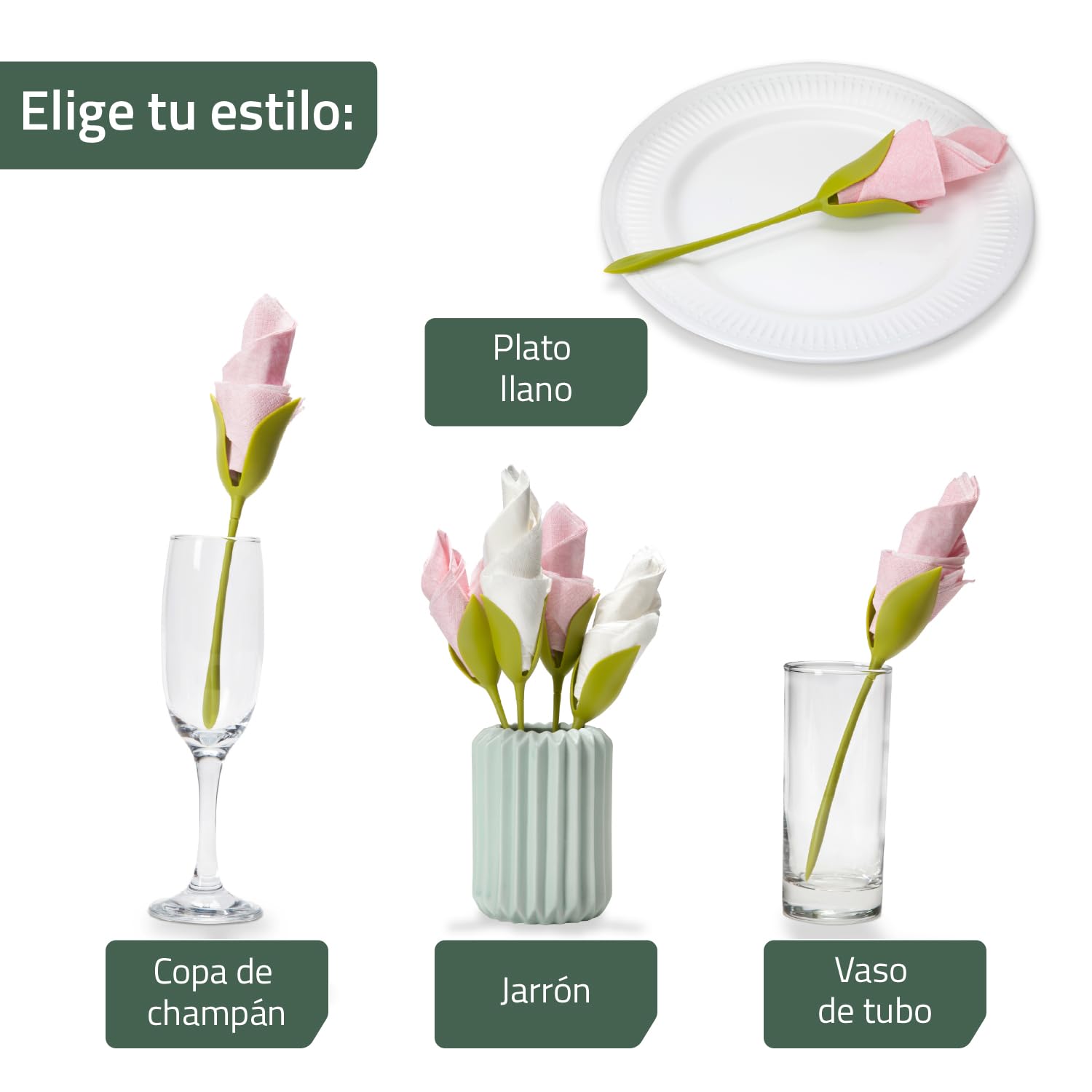 PELEG DESIGN Bloom Servilleteros de Flor Set de 4 – Soportes Originales para Servilletas de Papel con Forma de Tallo, Decoración de Mesa Creativa para Fiestas, Incluye 4 Servilletas