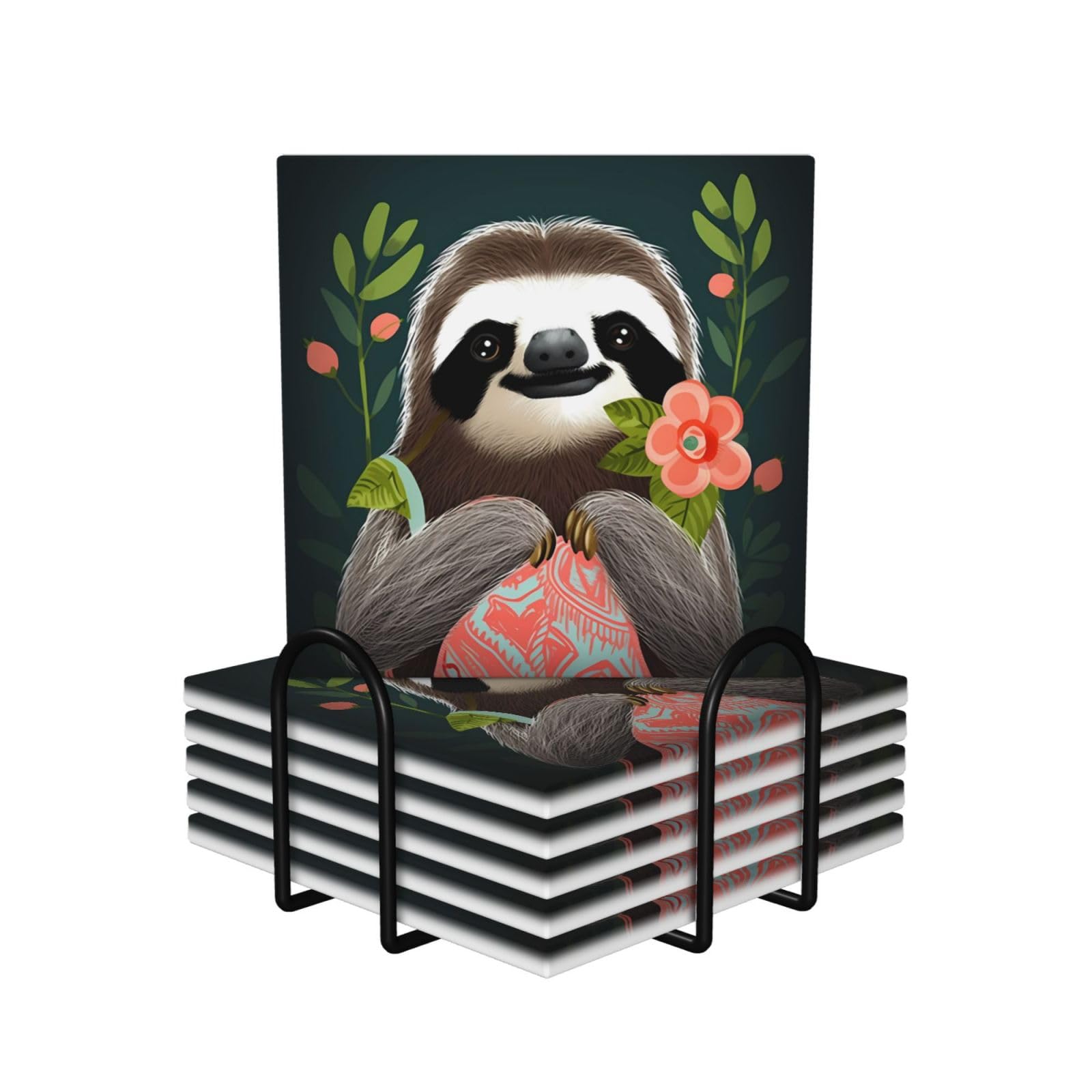 Cute Sloth Print Coasters for Drinks Set of 6 with Holder Cork Base Cup Coaster Absorbent Ceramic Cup Mat for Home Dining Room Decor