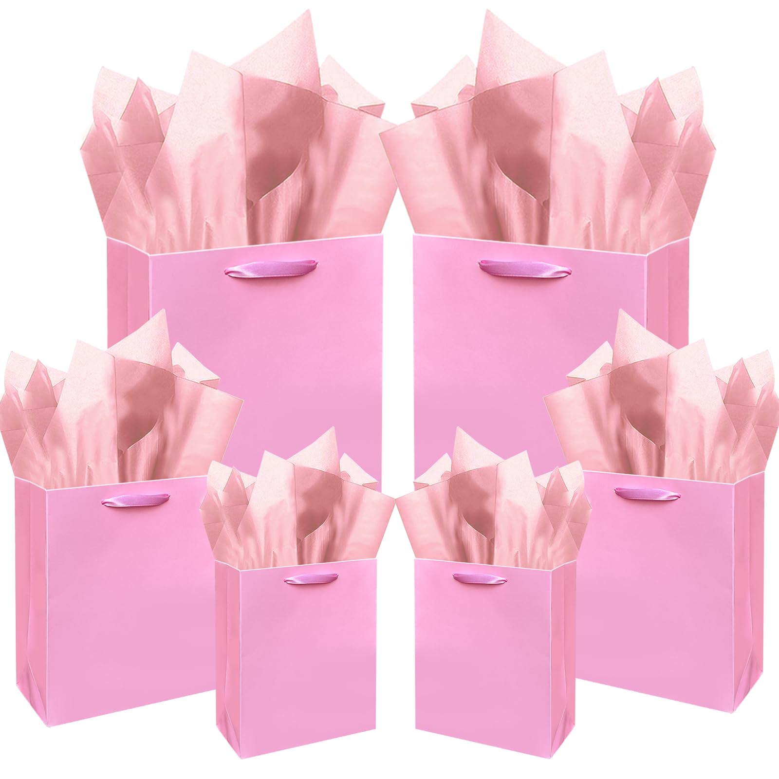 Gcardis Pink Gift Bags with Tissue Paper, Assorted Sizes, Pack of 10 Birthday Gift Bags (2 Large 13", 4 Medium 9", 4 Small 6", 22 Pieces Tissue Paper)