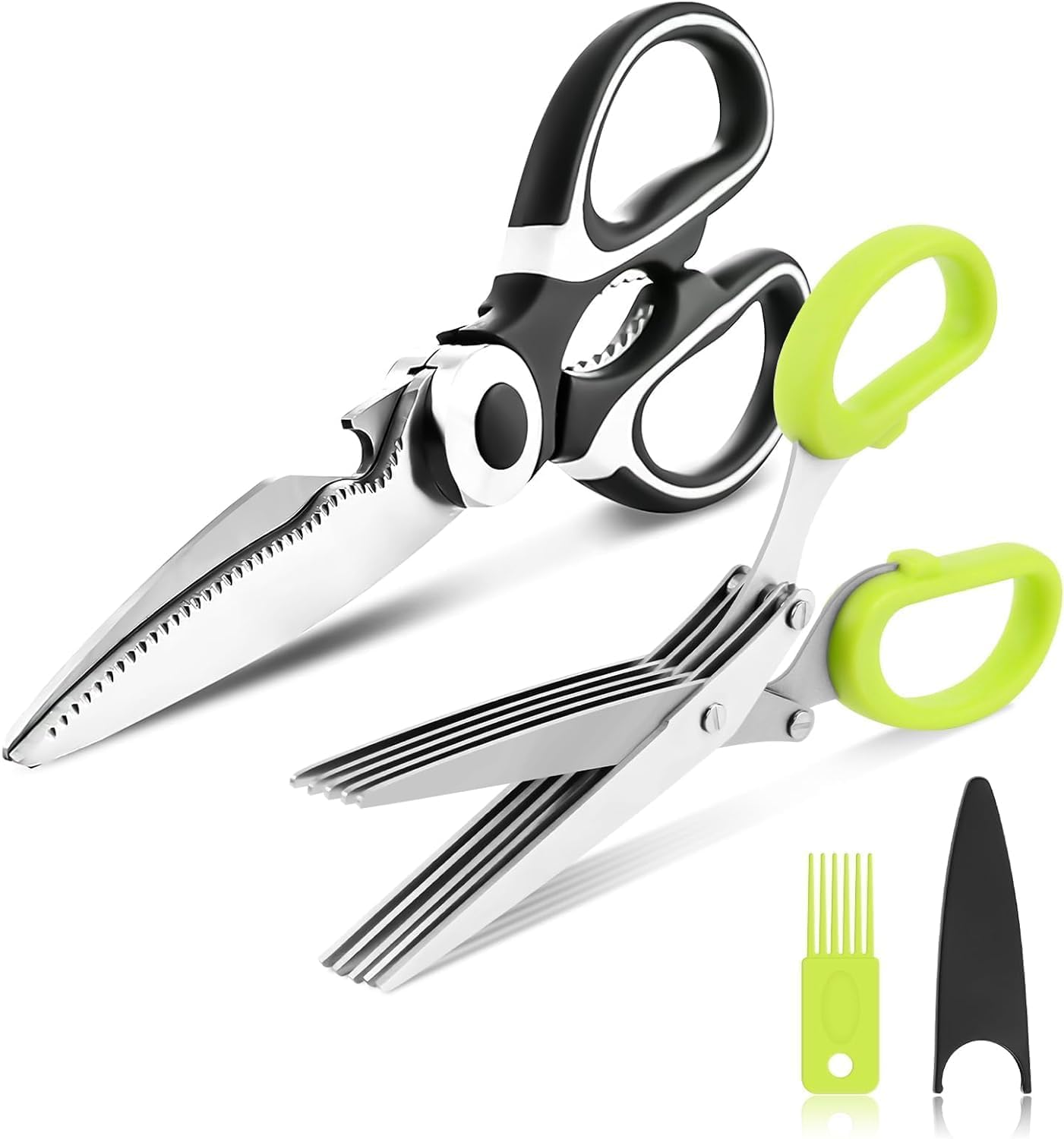 Herb scissors - Herb cutter scissors with 5 blades and cover - 2024 Updated Sharp Multi-Blade Stainless Steel Herb cutting Shears for Kitchen; Kale and Herb Stripper with Herb Savor Pod (Pack of 2)