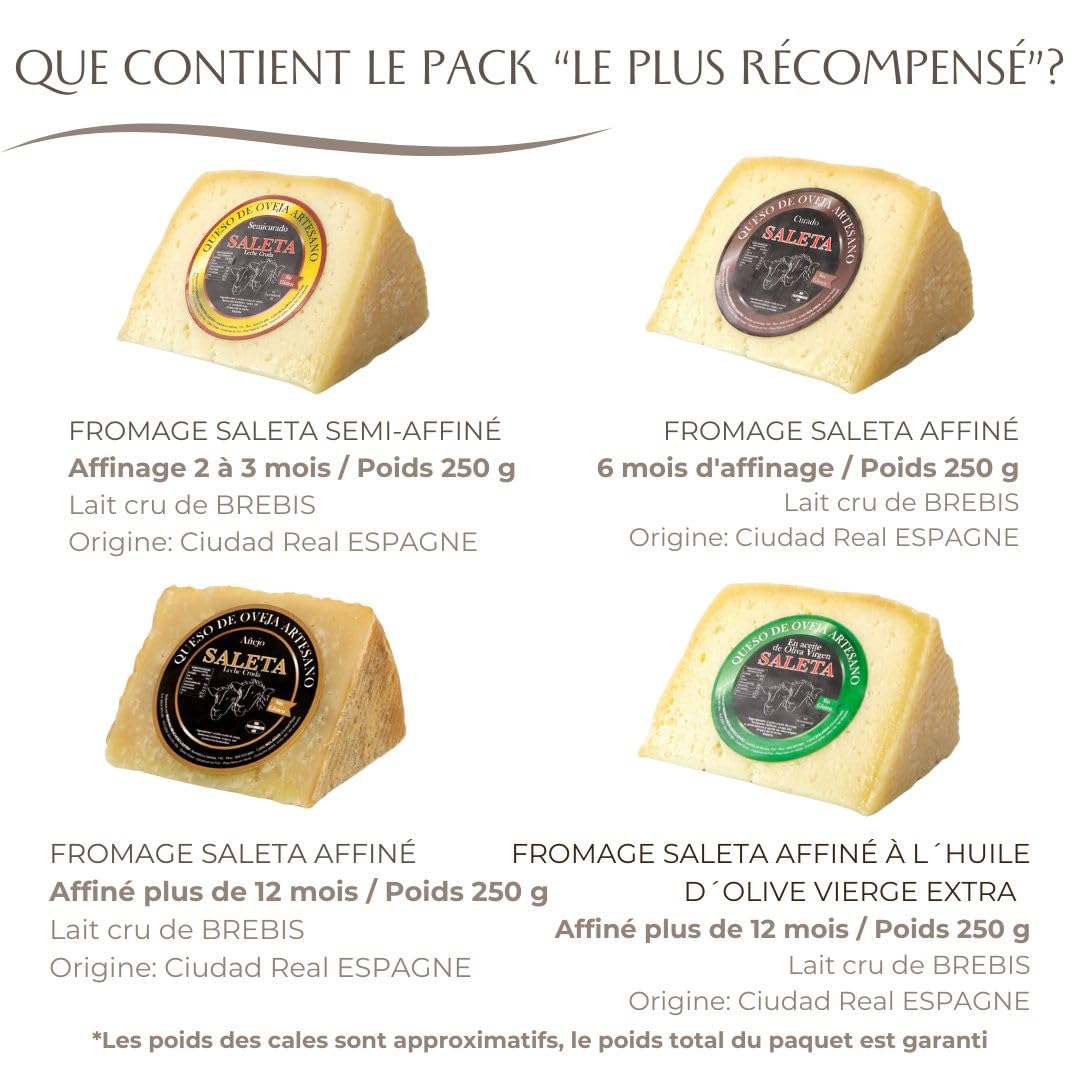 Coffret Cadeau Premium Fromage Manchego Espagnol | Fromage de brebis | Plateau de Fromages | 4 variétés: affinés, semi-affinés ou à l'huile d'olive vierge extra | "Pack le plus Récompensé 1 Kg"