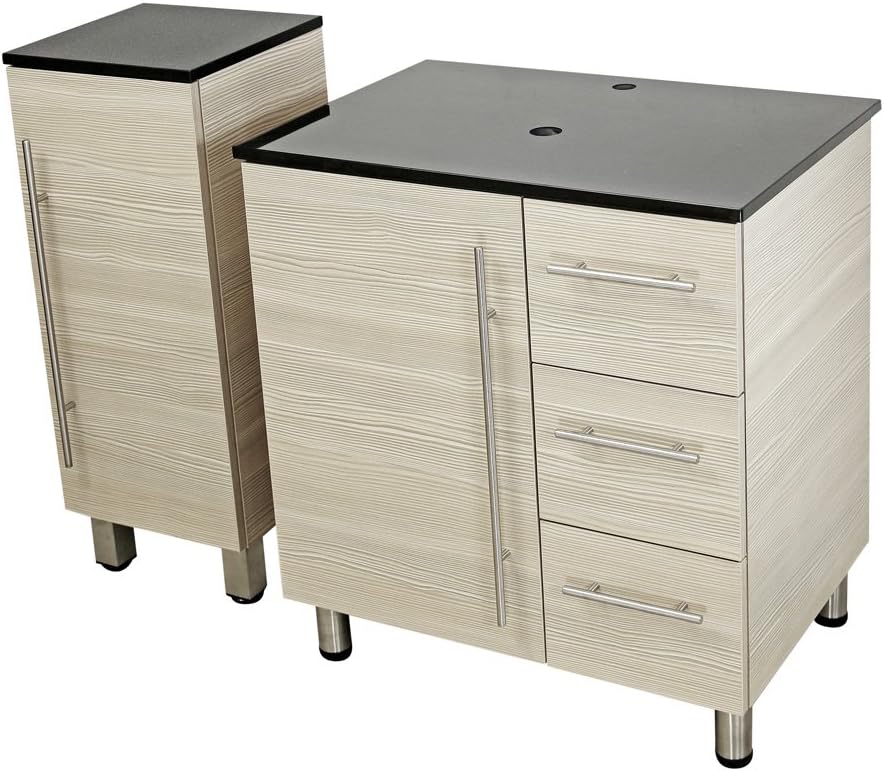 30" Freestanding Bathroom Vanity, Tan. Black Flat Stone Countertop