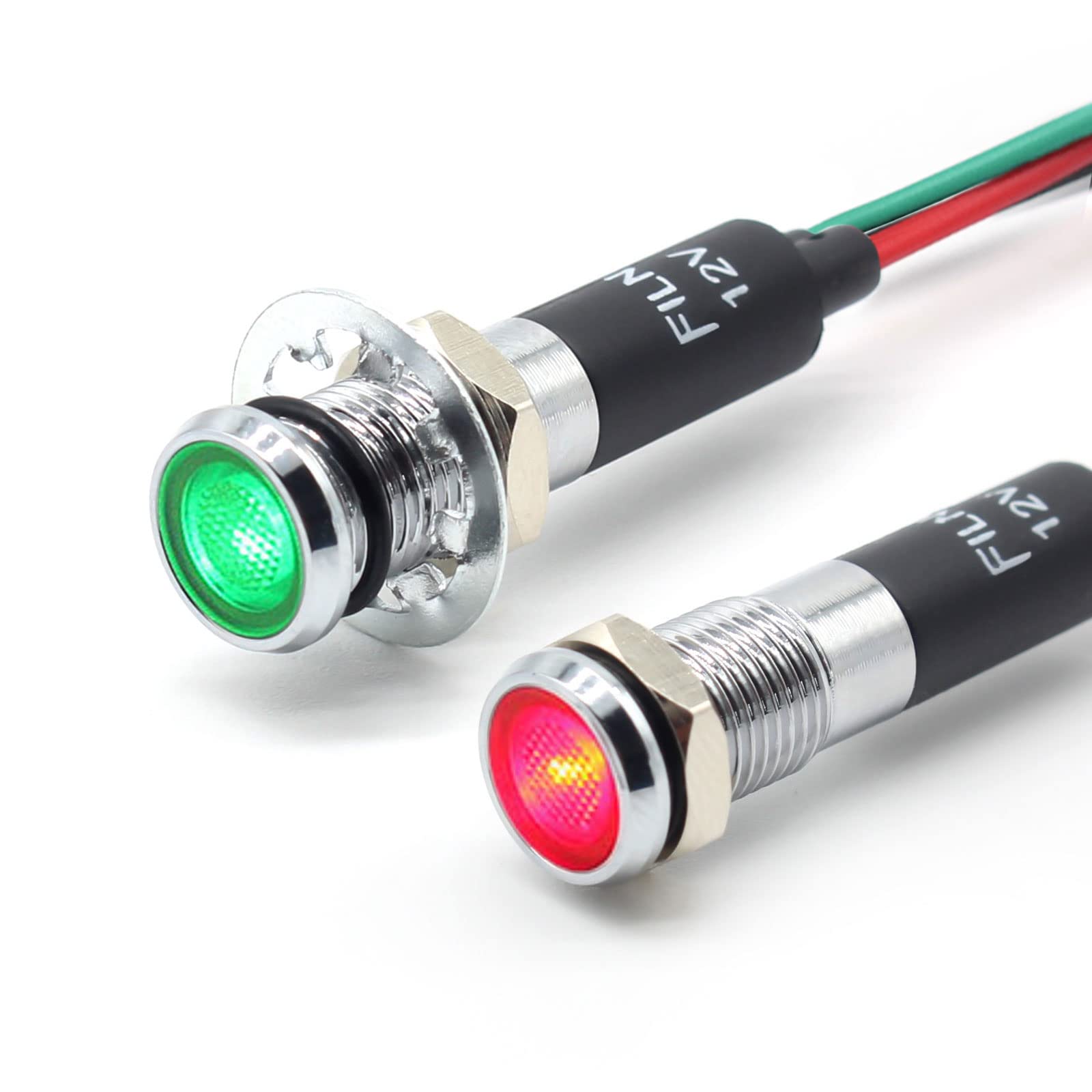Photo 1 of 2CT FILN LED 8MM (5/16'')12V Metal Indicator Light Pilot Lights Black Anodized Waterproof ip67 Red Green Yellow Bule White Signal Lamp (RedGreen, 12V Brass Nickel Plated/2 Pcs) Redgreen 12V Brass Nickel Plated/2 Pcs