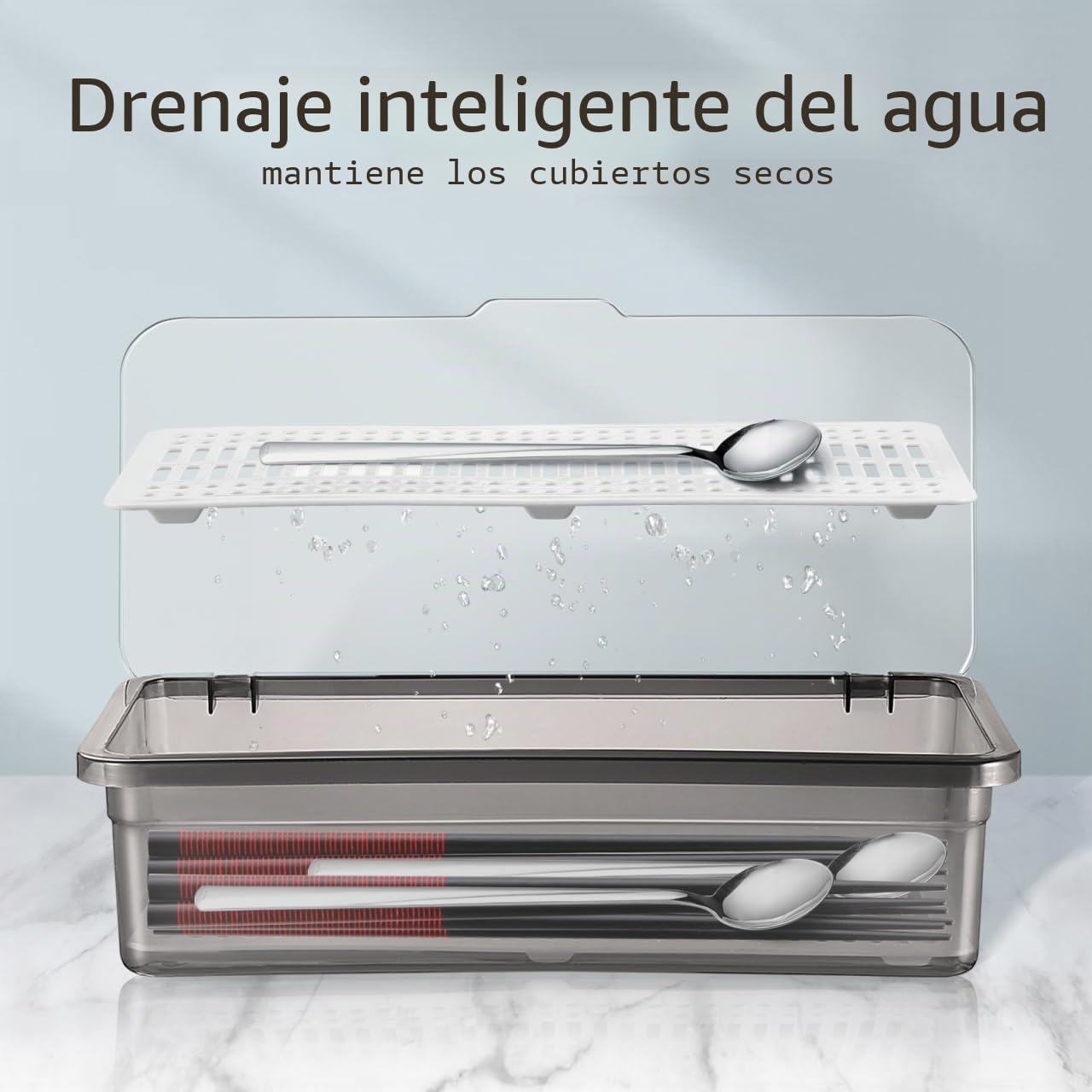 DOITOOL Bandeja para cubiertos de 3 piezas con tapa, de plástico de grado alimenticio, con escurridor, caja de almacenamiento, organizador de cubiertos para utensilios de cocina, cajones y encimera