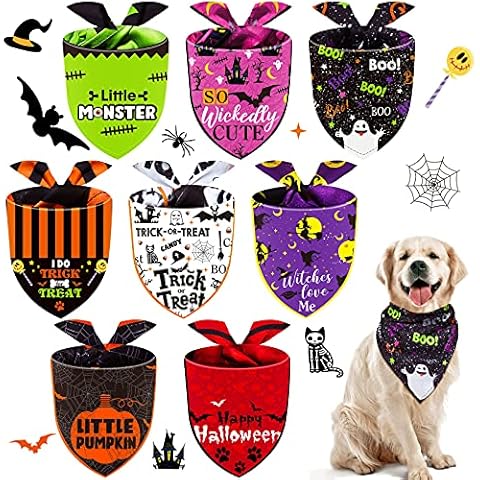 8 Bandanas de Perro de Halloween Babero Ajustable de Mascota de Calabaza Murciélago Bufanda Cover