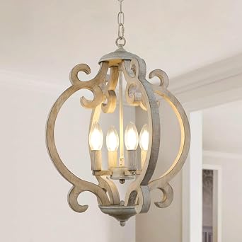 4-Light Farmhouse Chandelier, Rustic Wood Chandelier Distressed Orb French Country Pendant Light Fixtures Ceiling Hanging Cage Chandeliers for Dining Room Kitchen Island Entryway Foyer