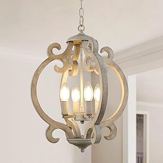 4-Light Farmhouse Chandelier, Rustic Wood Chandelier Distressed Orb Fren...