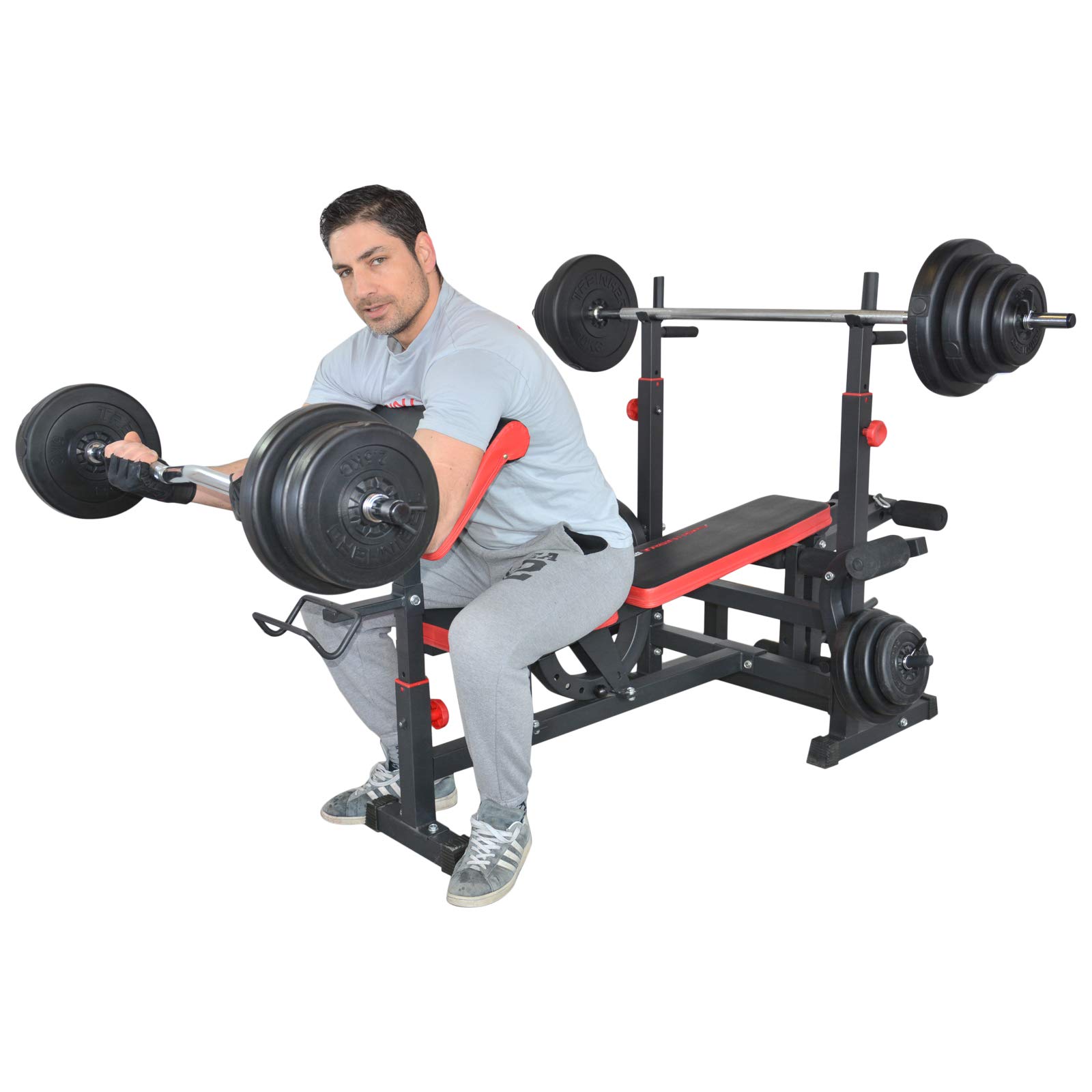 TrainHard Kraftstation Fitnesscenter Hantelbank mit vielseitigen Trainingsmöglichkeiten schwarz/rot