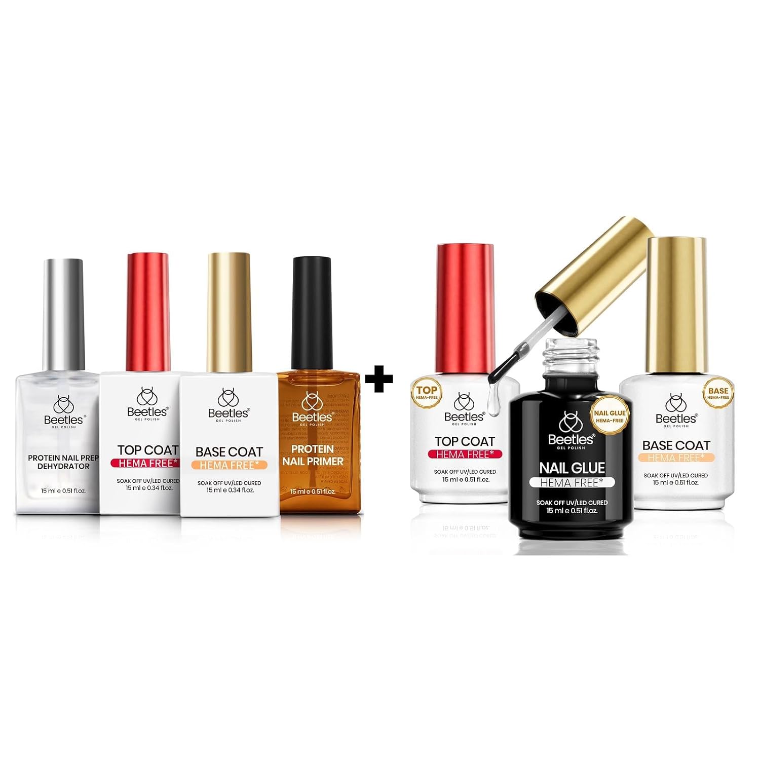 Beetles HEMA Free Protein Nail Dehydrator & Primer with Gel Top and Base Coat & 3Pcs 15ml HEMA-Free Nail Glue Top Coat & Base Gel Set No Wipe