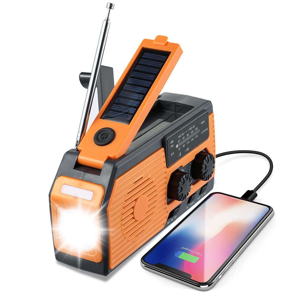 Radio de Emergencia de 5000 mAh, Radio Multifuncional con Manivela Am/FM/WB NOAA, Linterna LED y Power Bank para Camping y Senderismo