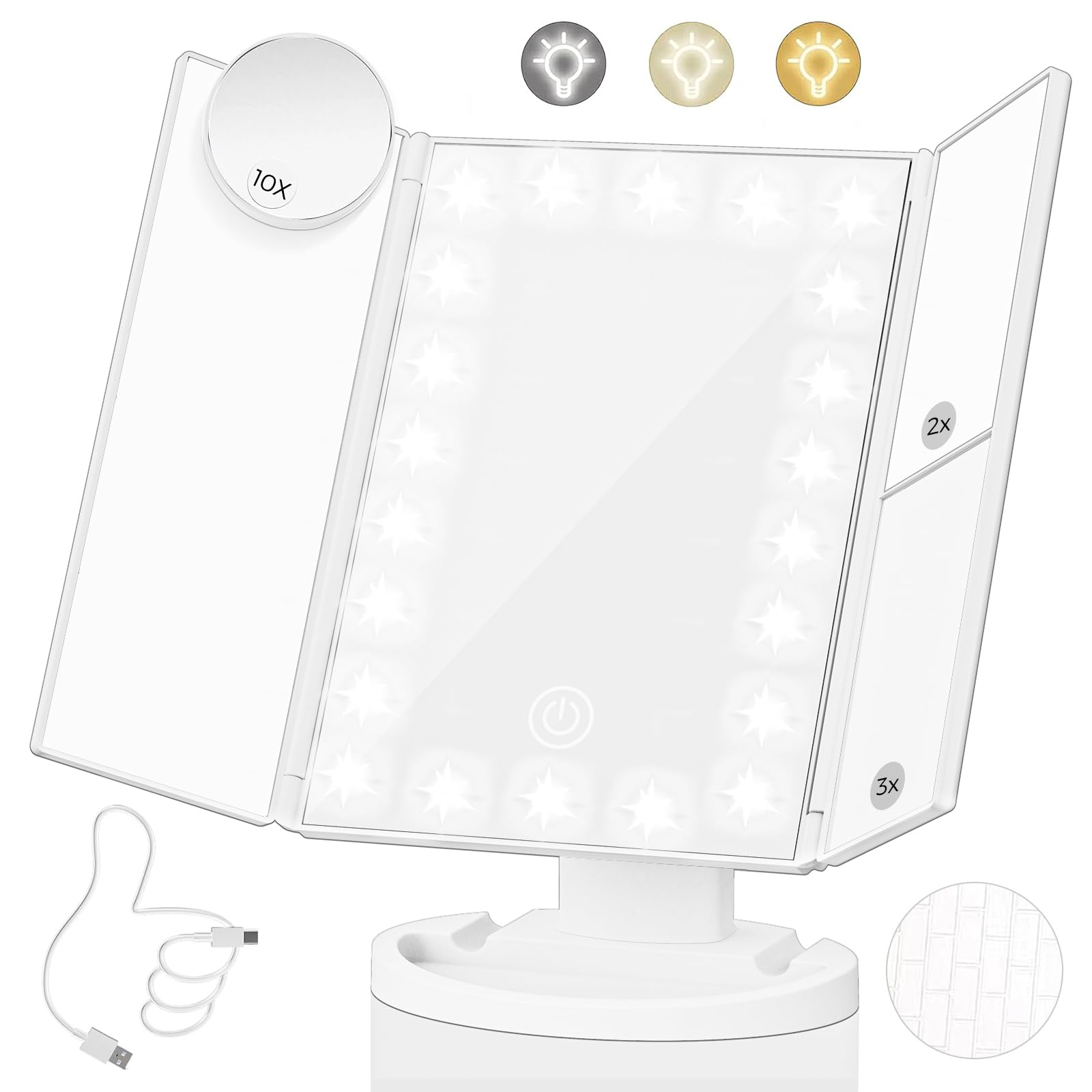 Lighted Makeup Mirror with 22 LED Lights, Dual Power Supply 1x/2x/3x/10x Magnifying Touch Screen Dimmable Mirror, 180 Degree Adjustable Angle, Travel Cosmetic Mirror - White
