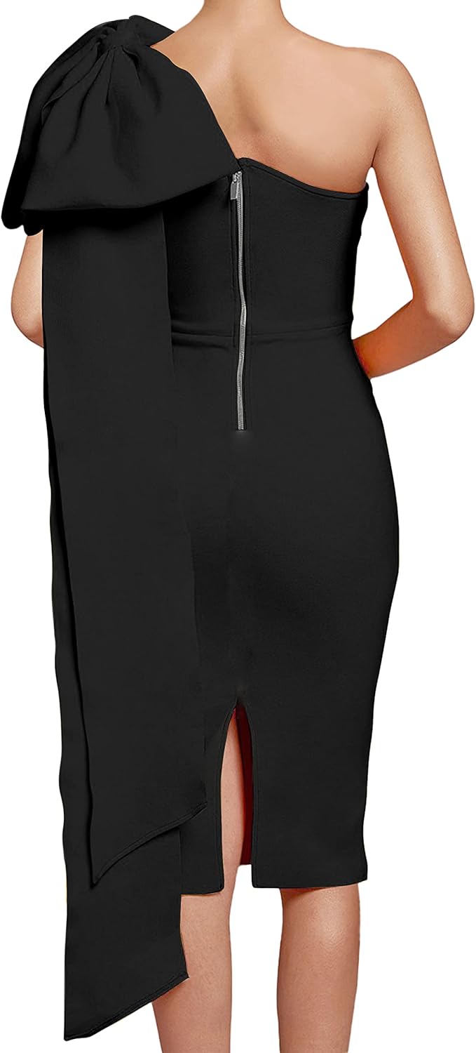 UONBOX Women's One Shoulder Sleeveless Bowknot Bodycon Club Party Bandage Dress - Image 2