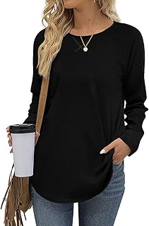 POPYOUNG Women's Fall Casual T-Shirt Long Sleeve Side Split Tunic Tops for Leggings Loose Blouse Shirt