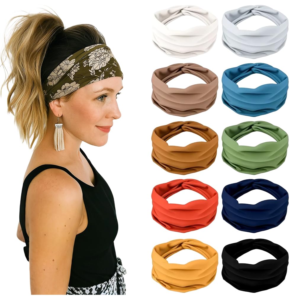 AprYew Diadema de yoga cruzada estampada, 2025, nuevas diademas bohemias para mujer, diademas anchas antideslizantes para mujer, banda elástica ancha para el cabello (10 colores B, M)