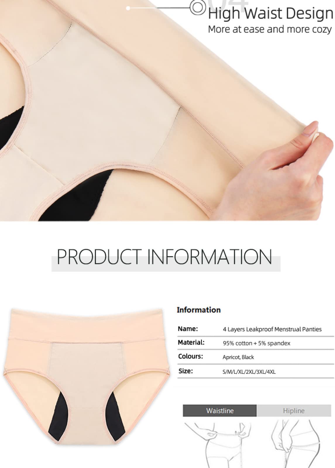 Bragas Mujer Algodon Bragas menstruales de Mujer a Prueba de Fugas absorbentes de Cintura Alta de algodón de 2/4 Uds Bragas menstruales de 4 Capas