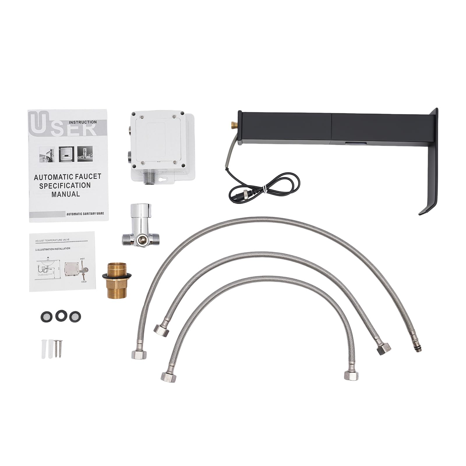 Grifo automático con sensor de infrarrojos, 31 cm de alto, sin contacto, cascada y válvula de temperatura ajustable para cocina y baño (negro)