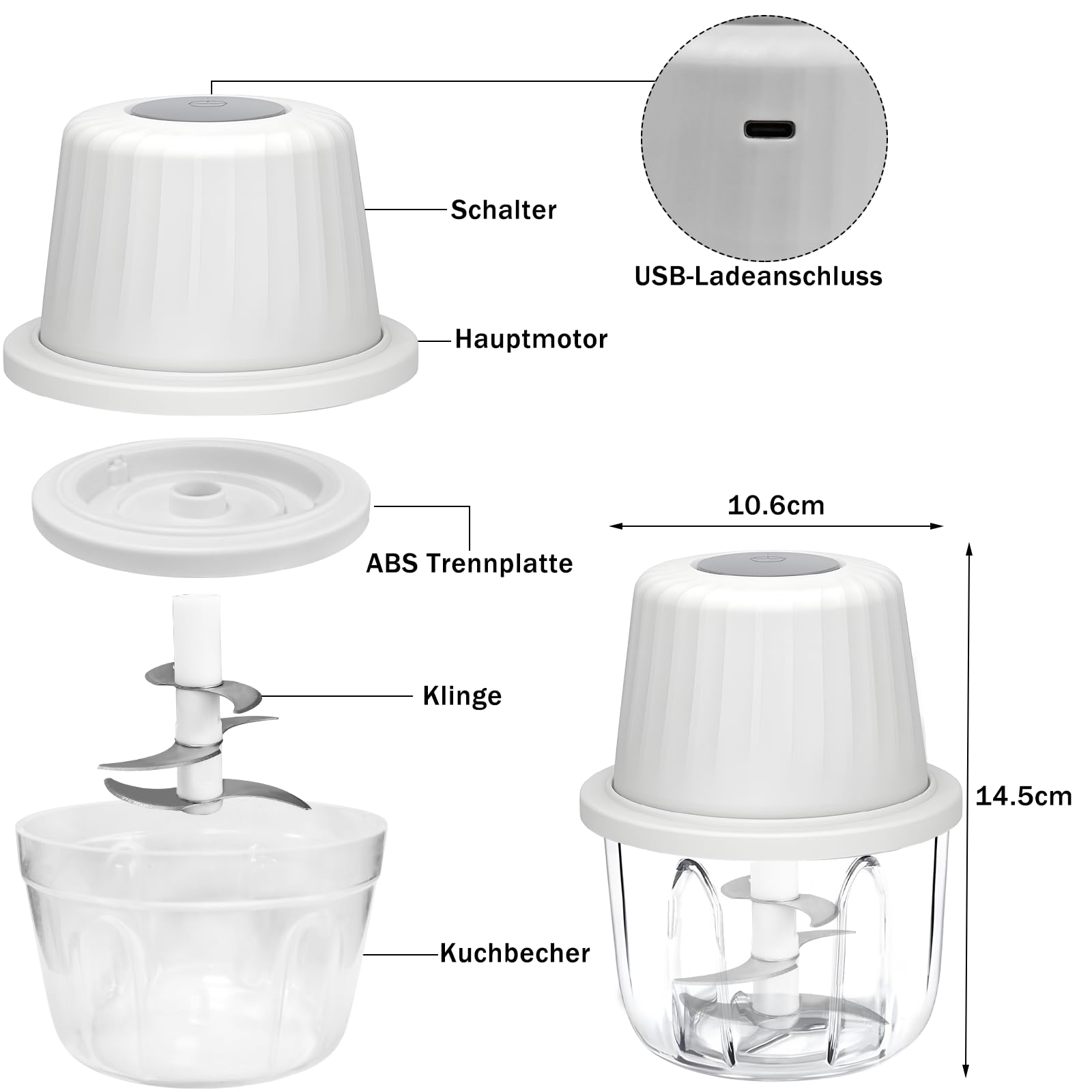 Elektryczna szatkownica do cebuli, rozdrabniacz do warzyw, mikser wielofunkcyjny, 400 ml, pojemnik roboczy z kablem do ładowania typu C, do mięsa, cebuli, czosnku, orzechów (biała)