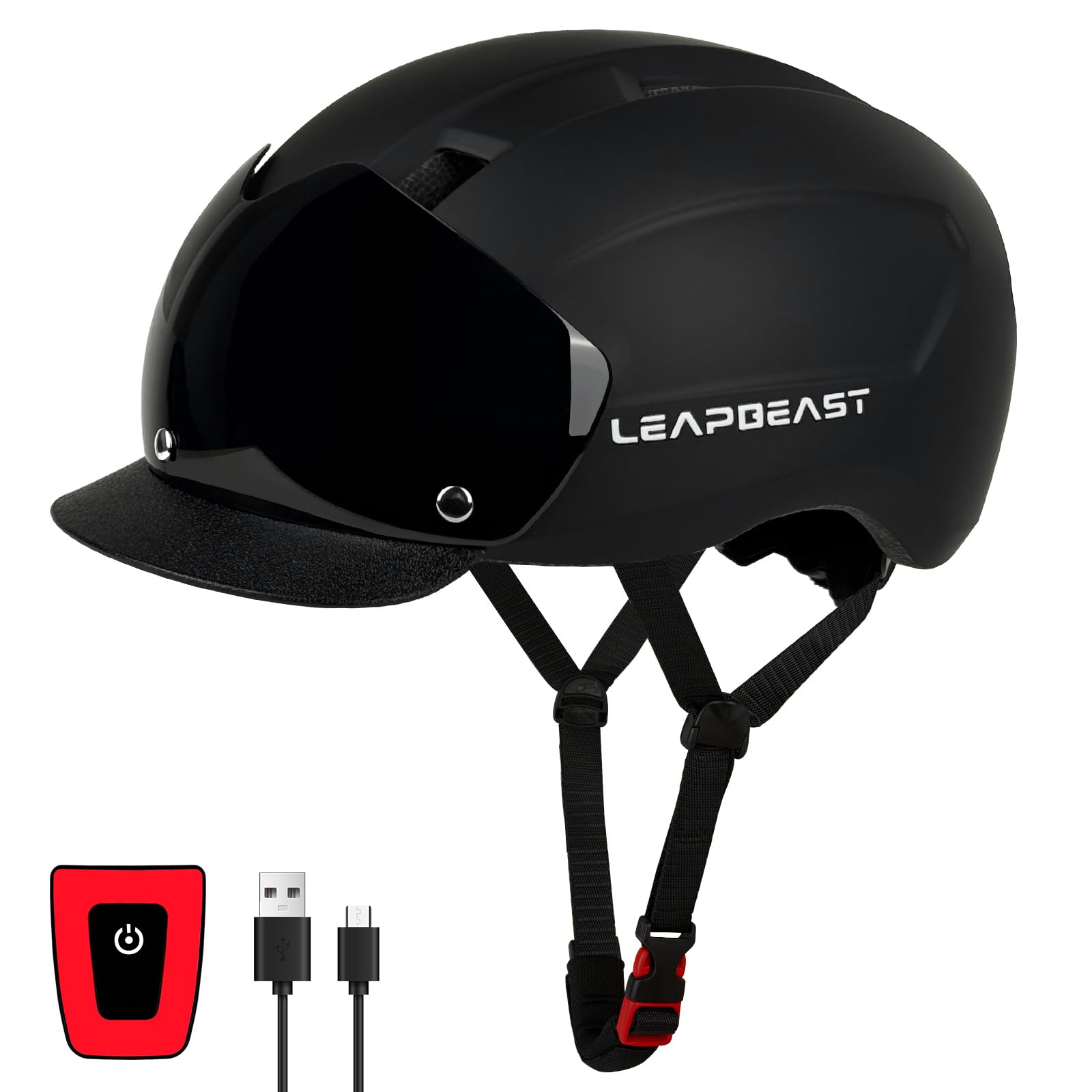 LeapBeast Casco Bici Uomo con Luce LED, Occhiali Protettivi Magnetici, Visiera Rimovibile, Caschi Bicis Leggero Casco da Bicicletta Unisex Adulto Caschetto Bici Ciclismo Regolabile 58–61cm