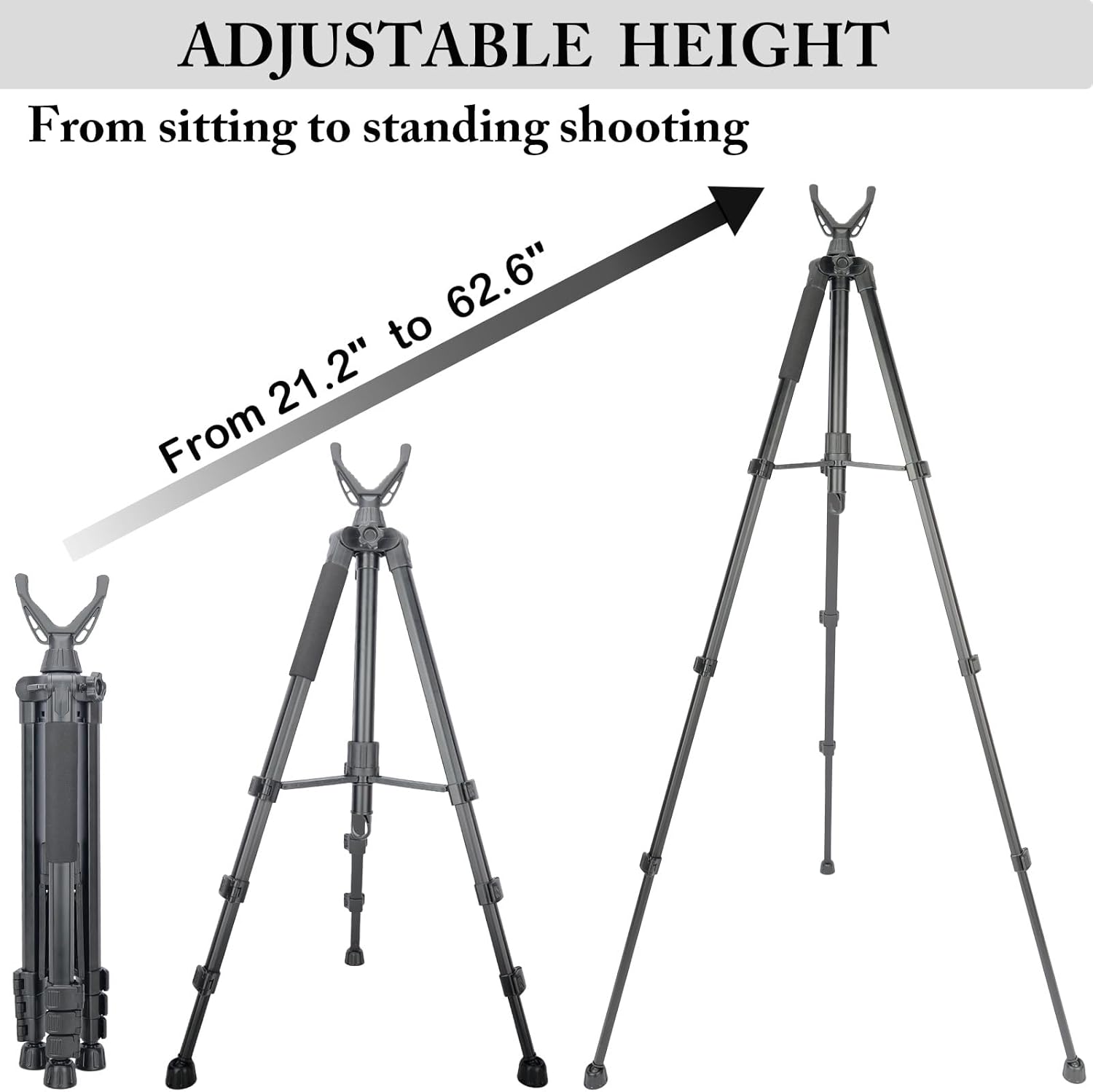Shooting Tripod for Rifles with 360° V-Yoke Rest,Adjustable Height Hunting Tripod Shooting Stick for Hunting,Lever Lock 21.2-62.6 Inches,Includes Bubble Level Pan-Tilt Phone Holder and Carry Bag