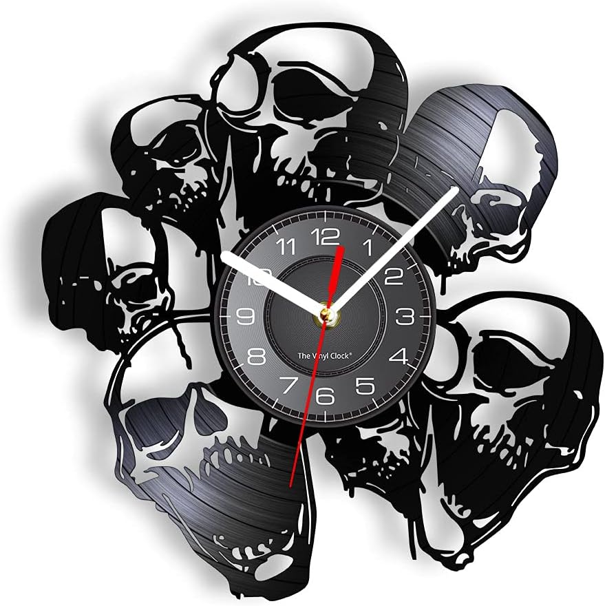 7 Craft Skull Heads Vinyl LP Record Wall Clock Battery Operated, Horror Zombie Heads 12'' Decorative Records Clock for Wall Aesthetic Easter Day Halloween Black Skeleton Living Room Decor