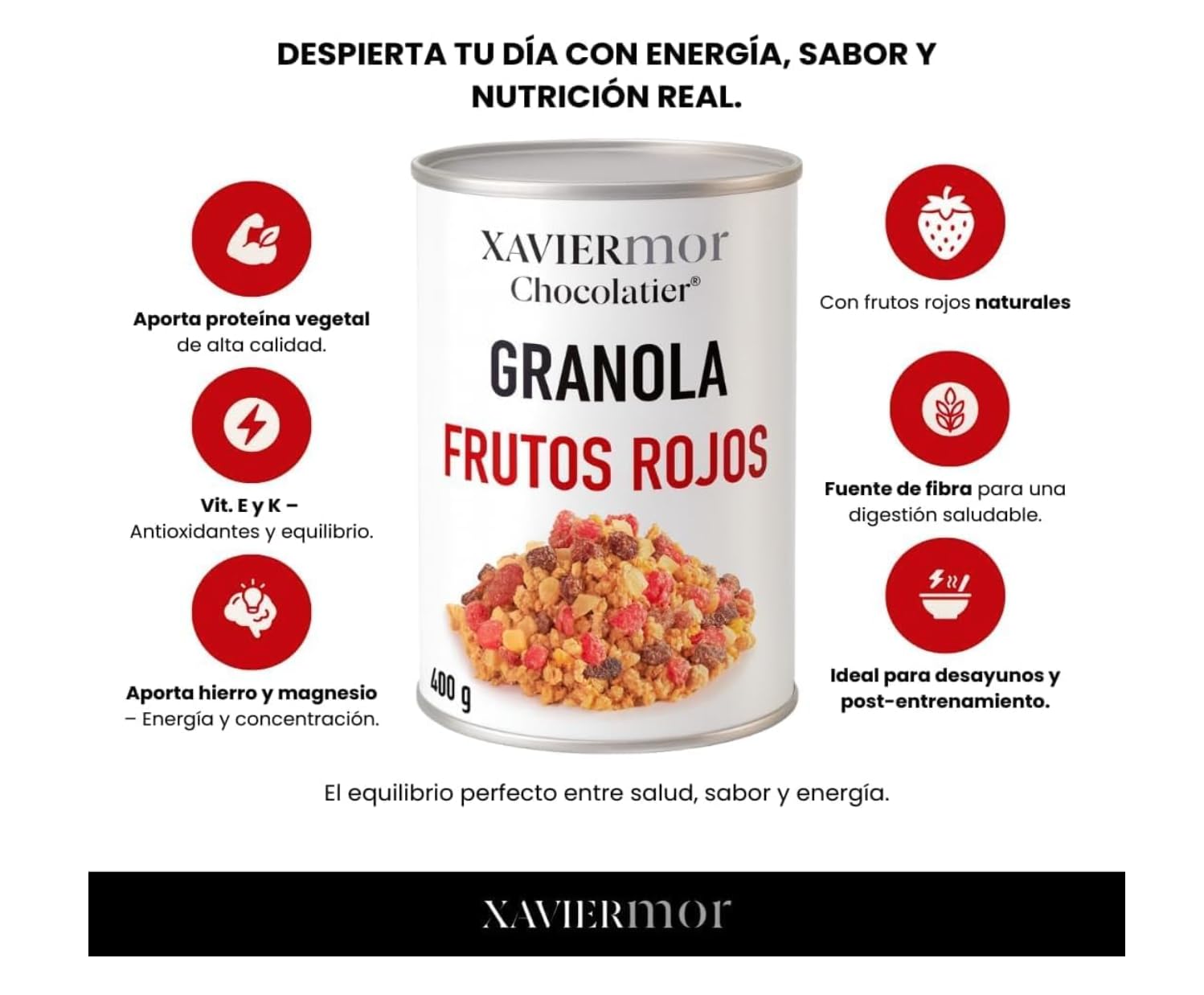 XAVIERMOR – Granola de Avena Crujiente con Frutos Rojos 400g – Desayuno Saludable con Alto Contenido en Proteínas y Fibra – Snack Fitness Nutritivo, Energía Sostenida y Saciedad Duradera