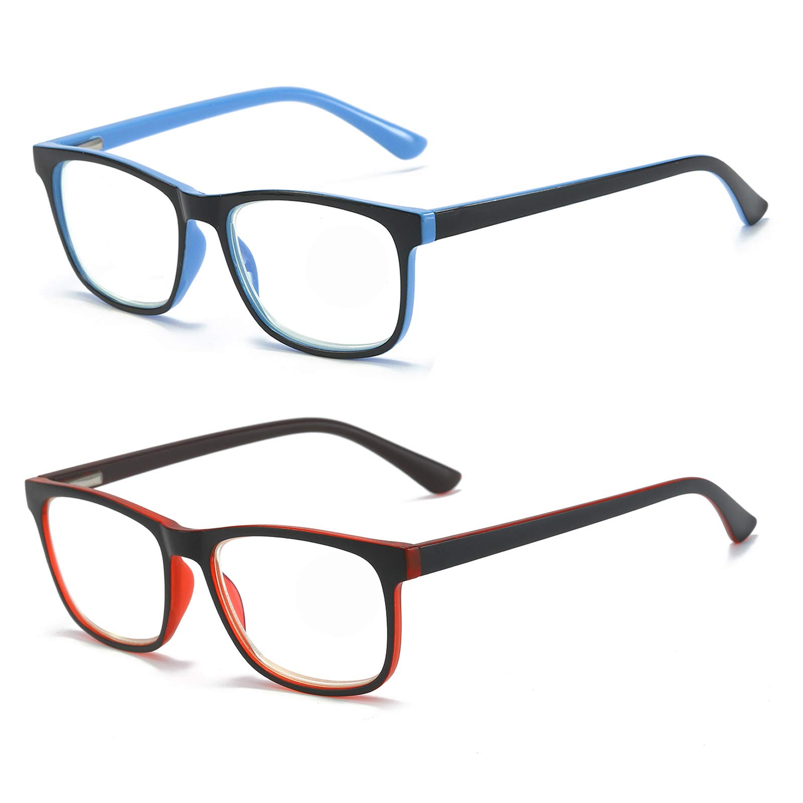 MMOWW Paquete de 2 gafas de lectura: gafas ultraligeras anti luz azul con bisagras de resorte y lente cuadrada transparente (rojo + azul, 1,5)