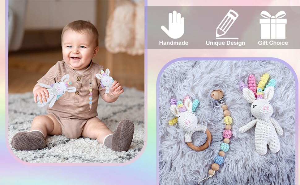 Miniatura 2 de Regalos para bebés Sonajero de bebé de Natural Woodland Friends, anillo de dentición de unicornio de algodón orgánico, juguete para bebés - Sonagero