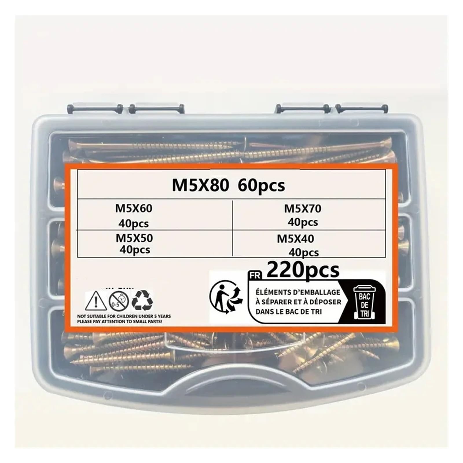 M5, set di 220 viti for legno a testa piatta, zincate gialle, autofilettanti, svasate, completamente filettate, adatte for cartongesso/cartongesso