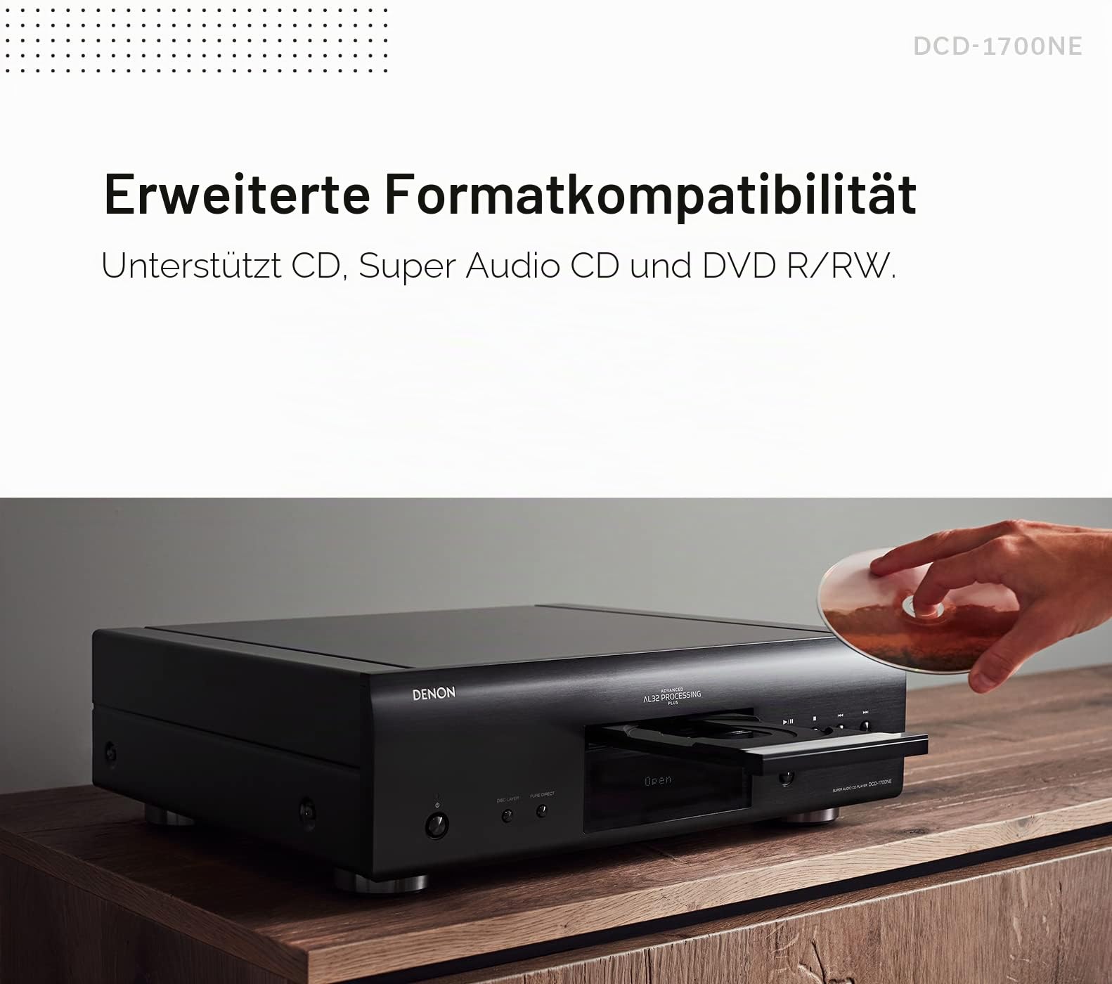 Denon DCD-1700NE CD/SACD Player, Ultra-Precision 192kHz/32 Bit D/A Konverter, vibrationsbeständiges Design, Unterstützt DSD, FLAC, WAV Dateien, Pure Direct Mode, 2 Digitale Audioausgänge, Schwarz