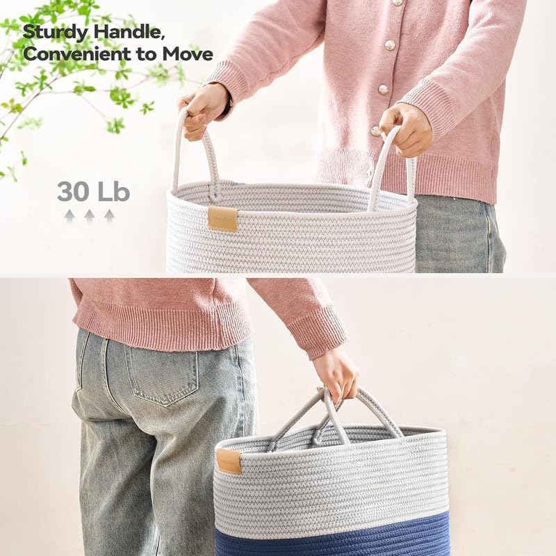 Image of Jute Cotton Rope Laundry Basket with Handles, Large Tall Clothes Hamper for Bedroom, Baby Nursery, Bathroom, Laundry Room & Home Storage Organizer (14x18 Inch, Blue & White)