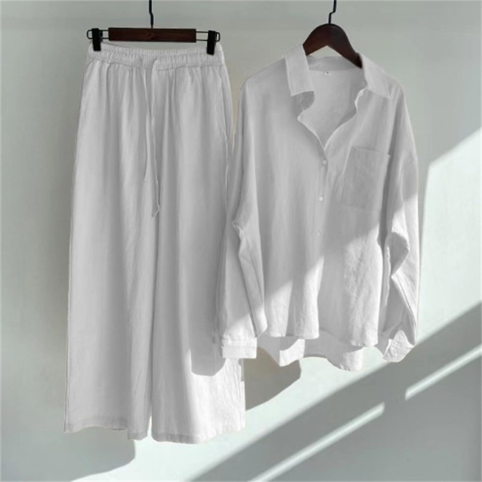 Traje de lino para mujer de verano, traje de verano para mujer, ligero, elegante, traje de ocio, moderno, algodón, 2 piezas, conjunto deportivo de dos piezas con pantalones, conjunto de muselina
