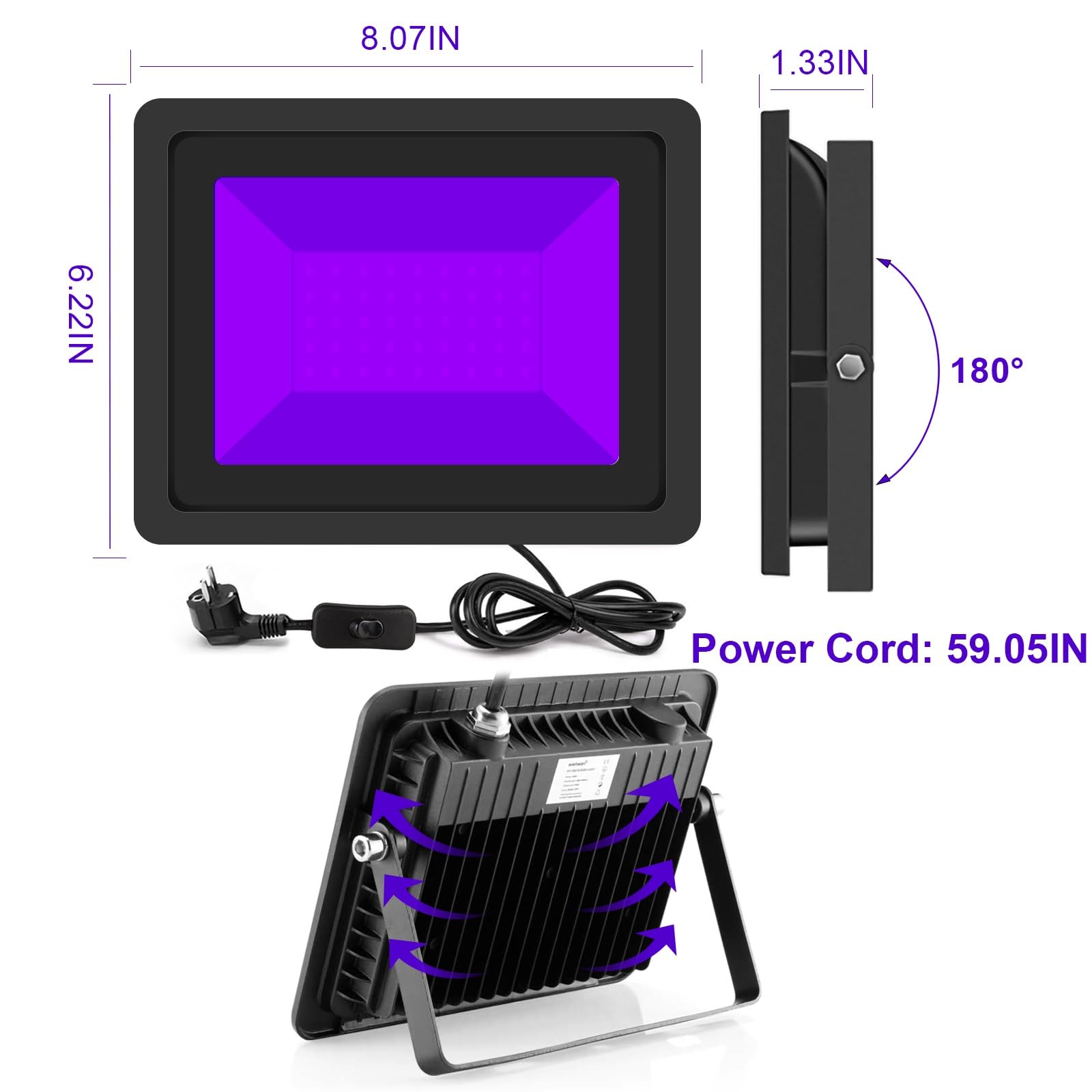 CREATESTAR Luz Negra Ultravioleta 395NM, 50W Foco de luz negra LED, Luz UV impermeable IP66, luces negras para Bar Discoteca, fiesta luminosa, iluminación de escenario, Pinta Corporal, Halloween