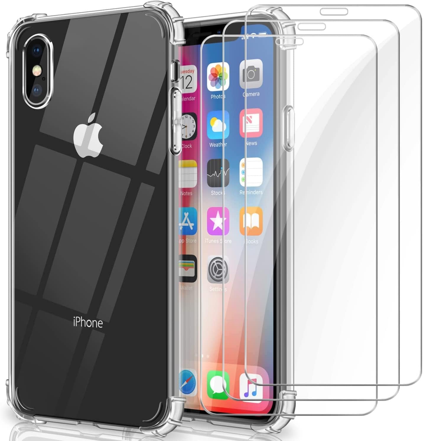 XLKTech Funda Glitter Compatible con iPhone X,XS con 3 Pack Cristal Templado y 3 Pack Protector de Lente de Cámara, Carcasa Silicona TPU Bumper Airbag Anti-Choque, Transparente
