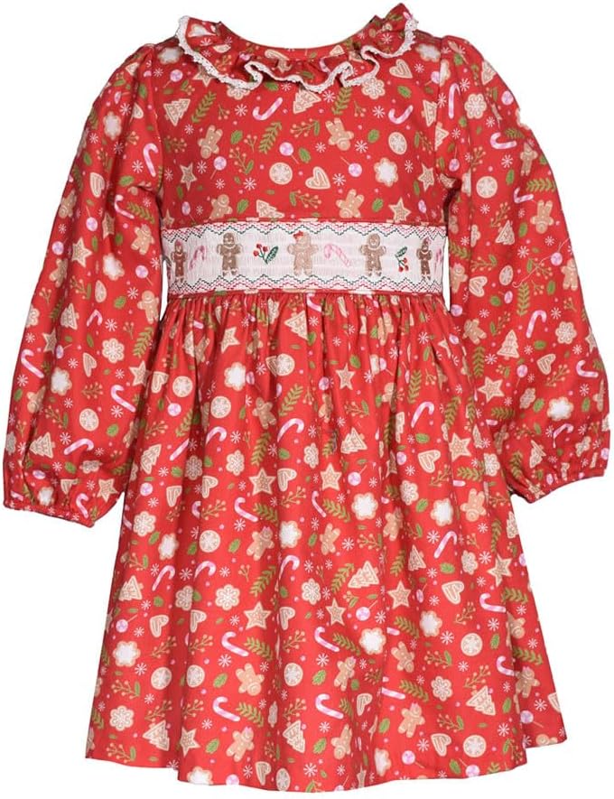 Bonnie Jean Christmas Gingerbread Dress - Red Smocked Holiday Dress for Baby and Little Girls