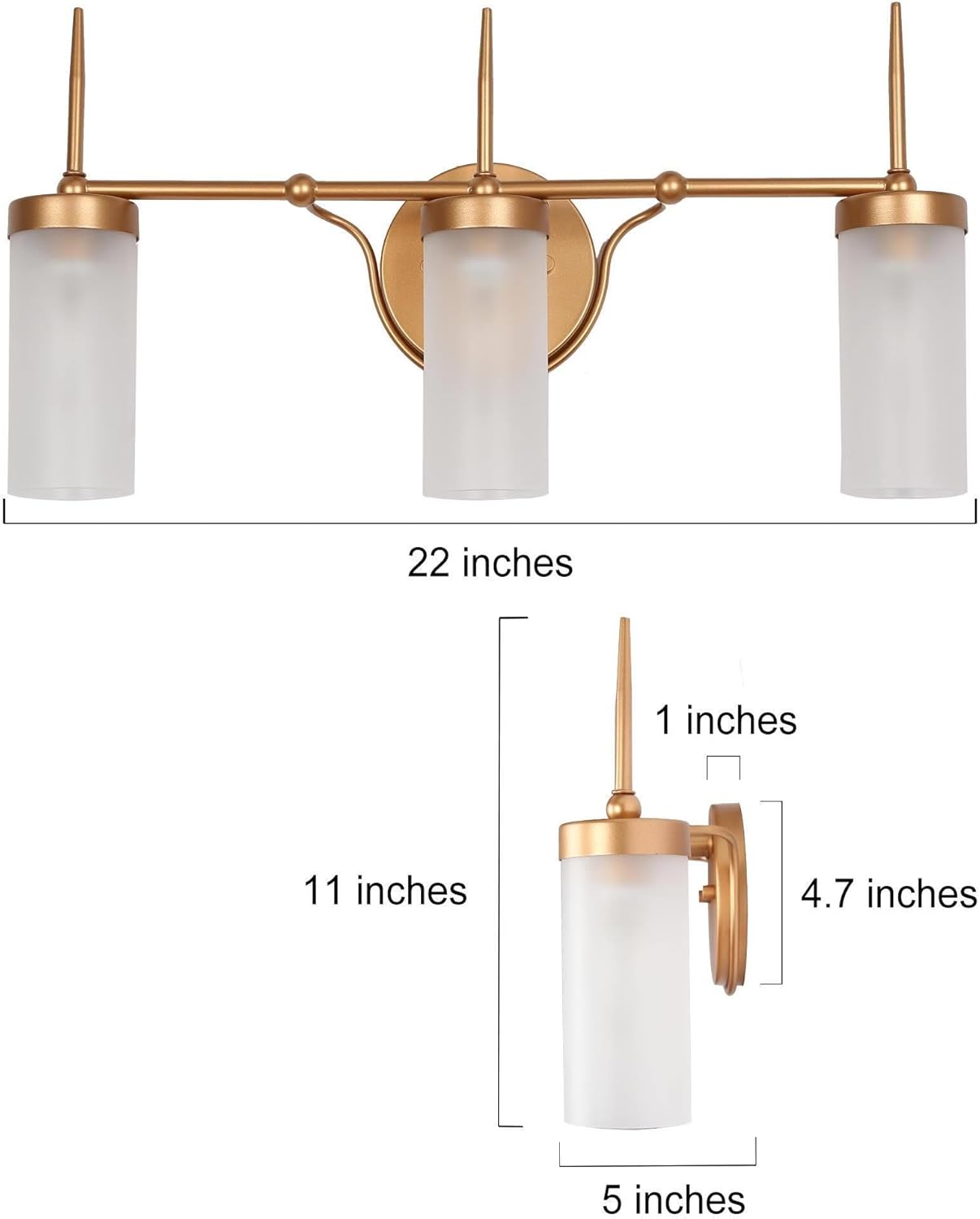 KSANA Modern Gold Bathroom Light Fixtures Over Mirror 3-Light Bathroom Vanity Lights with Frosted Glass Shade