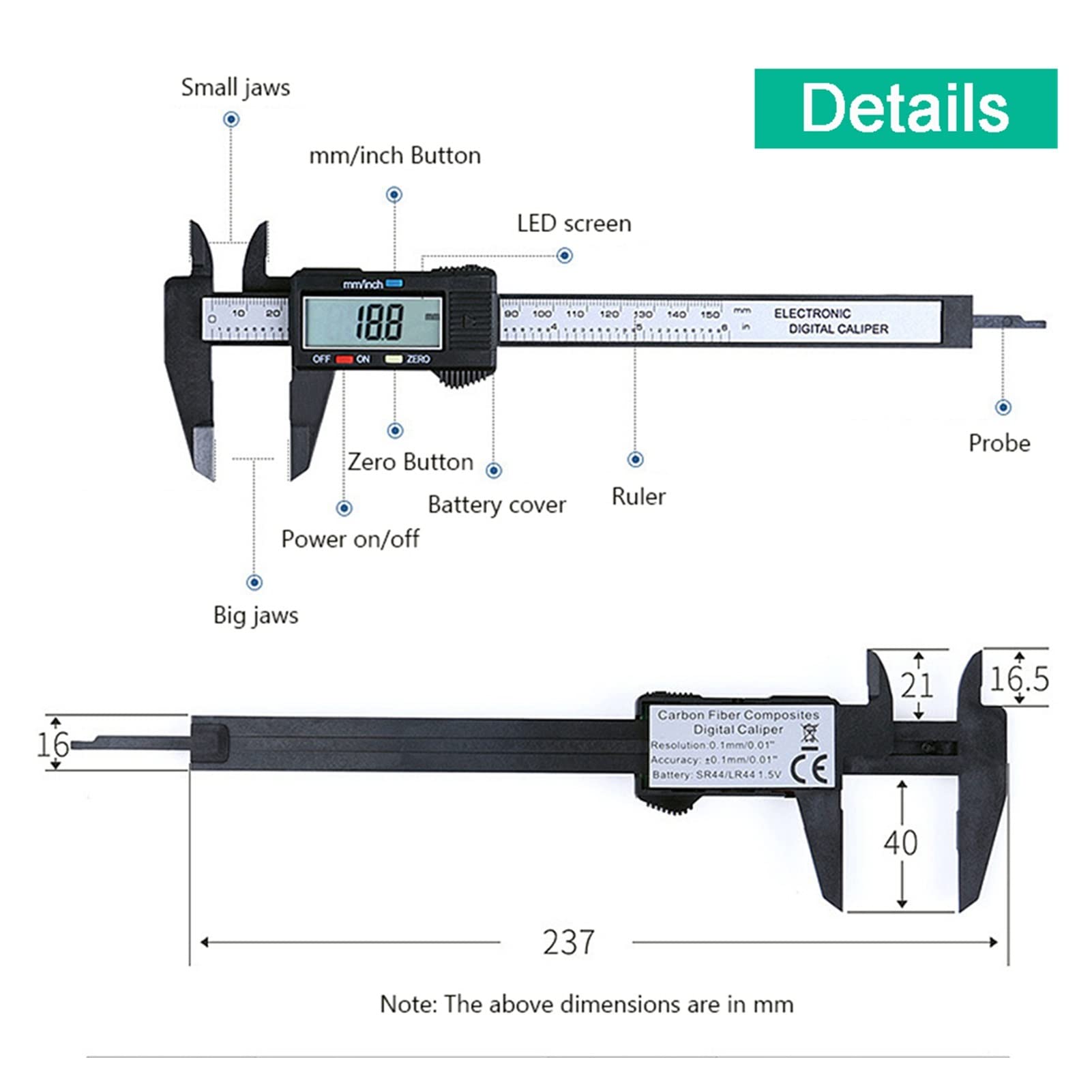 Herramientas de plástico TDigital 0-150 mm 6 Pulgadas LCD electrónico Fibra de Carbono altímetro micrómetro Herramienta de medición