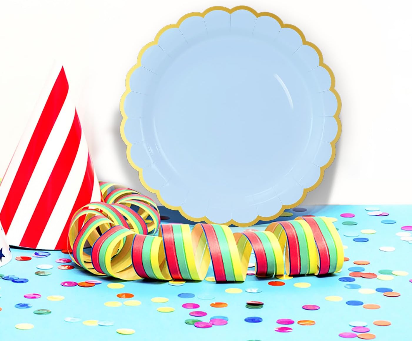 HEIPINIUYE 50 Pieces Light Blue Paper Plates with Gold Foil 7 Inch Disposable Baby Blue Scalloped Dinner Plates for Wedding Baby Shower Birthday Party Dessert Plate - Image 5