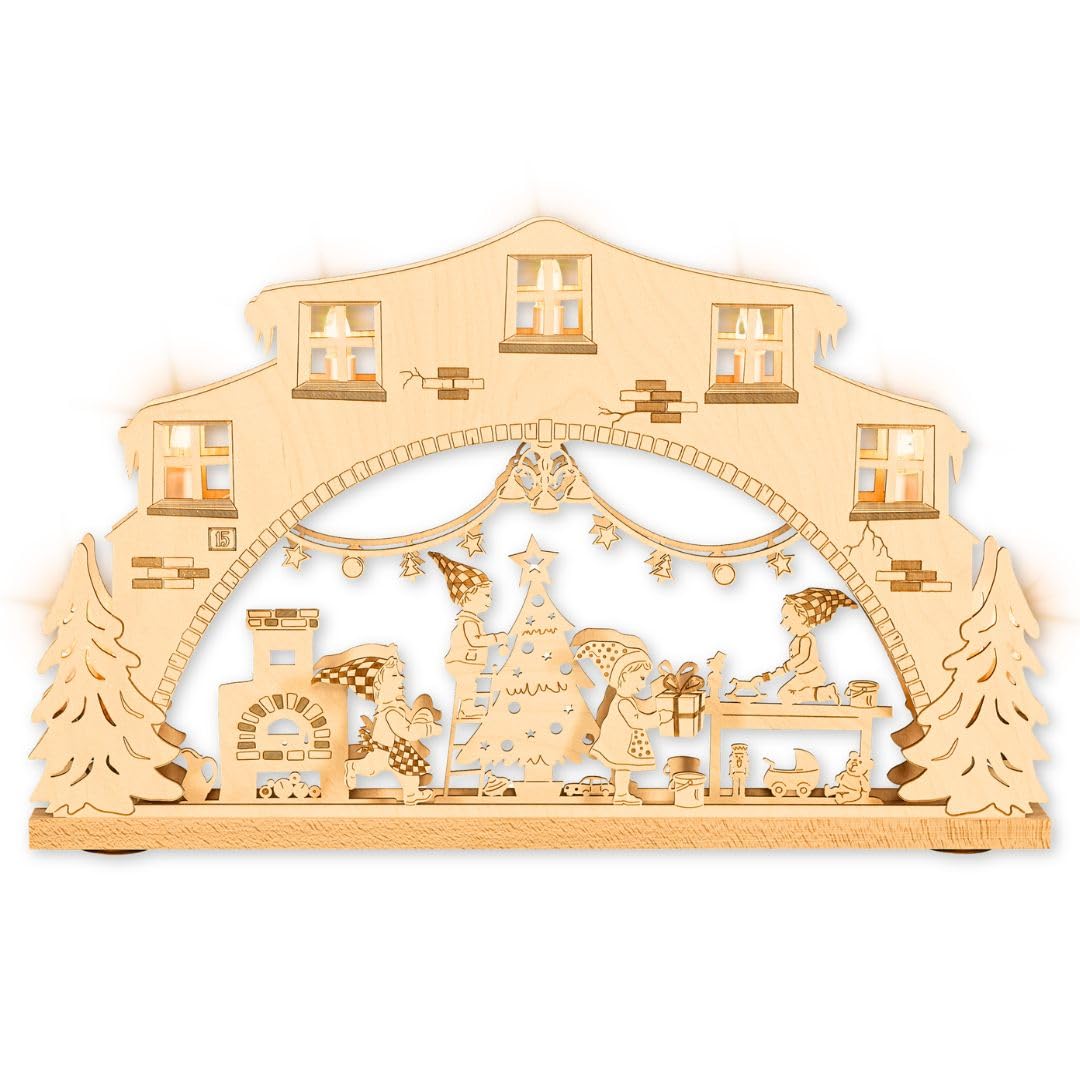 weigla - Schwibbogen original Erzgebirge I Lichterbogen Weihnachten I Motiv Wichtelwerkstatt I 7 Lampenkerzen + 1 Ersatzlampe I 7 x 34 V, 3 W, E10 I beleuchtete Weihnachtsdeko