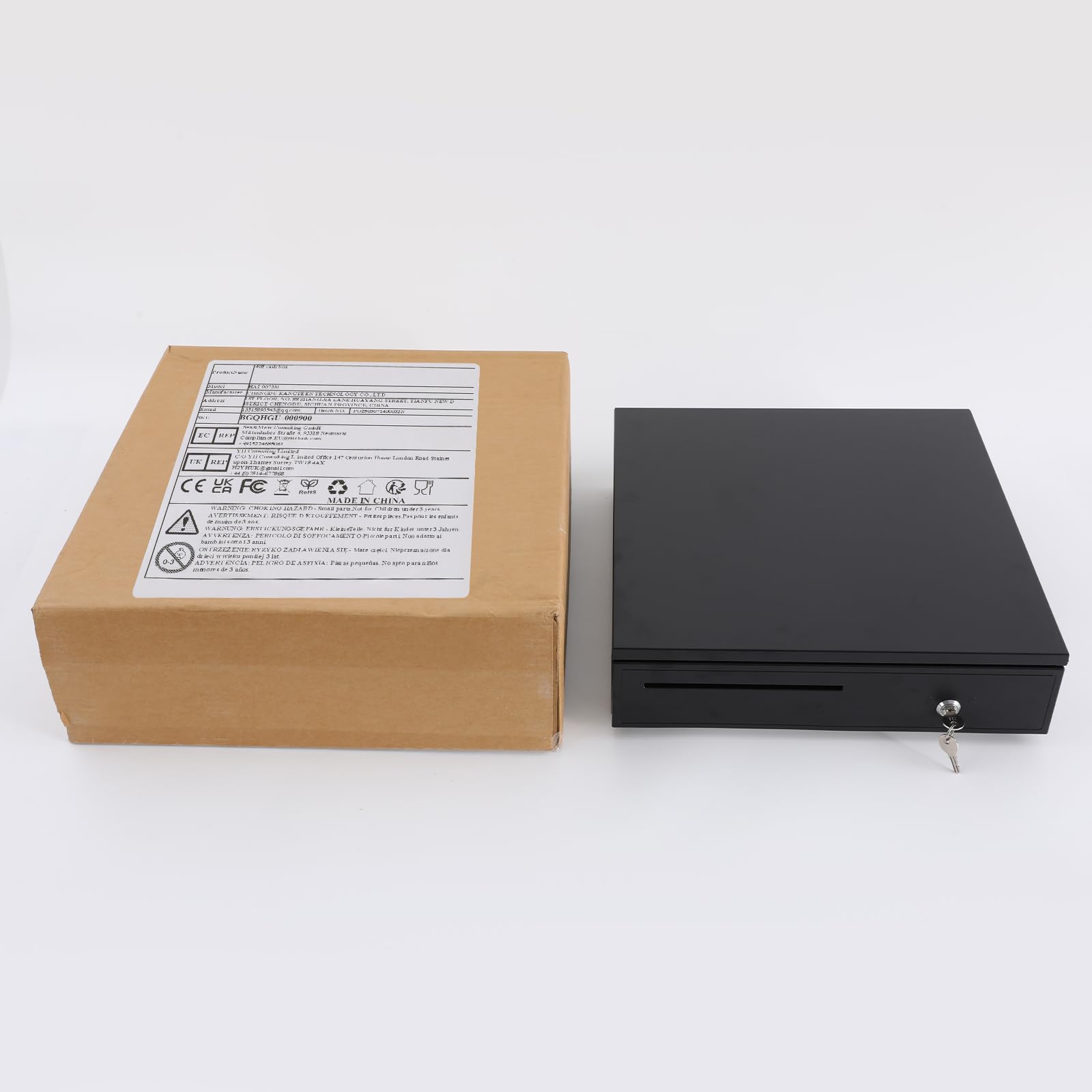 Cajón de efectivo negro, caja registradora, 5 compartimentos para billetes, 8 compartimentos para monedas, compatible con RJ11, cerradura de 3 compartimentos, acero, pies de goma, 42,5 x 40,5 x 10 cm