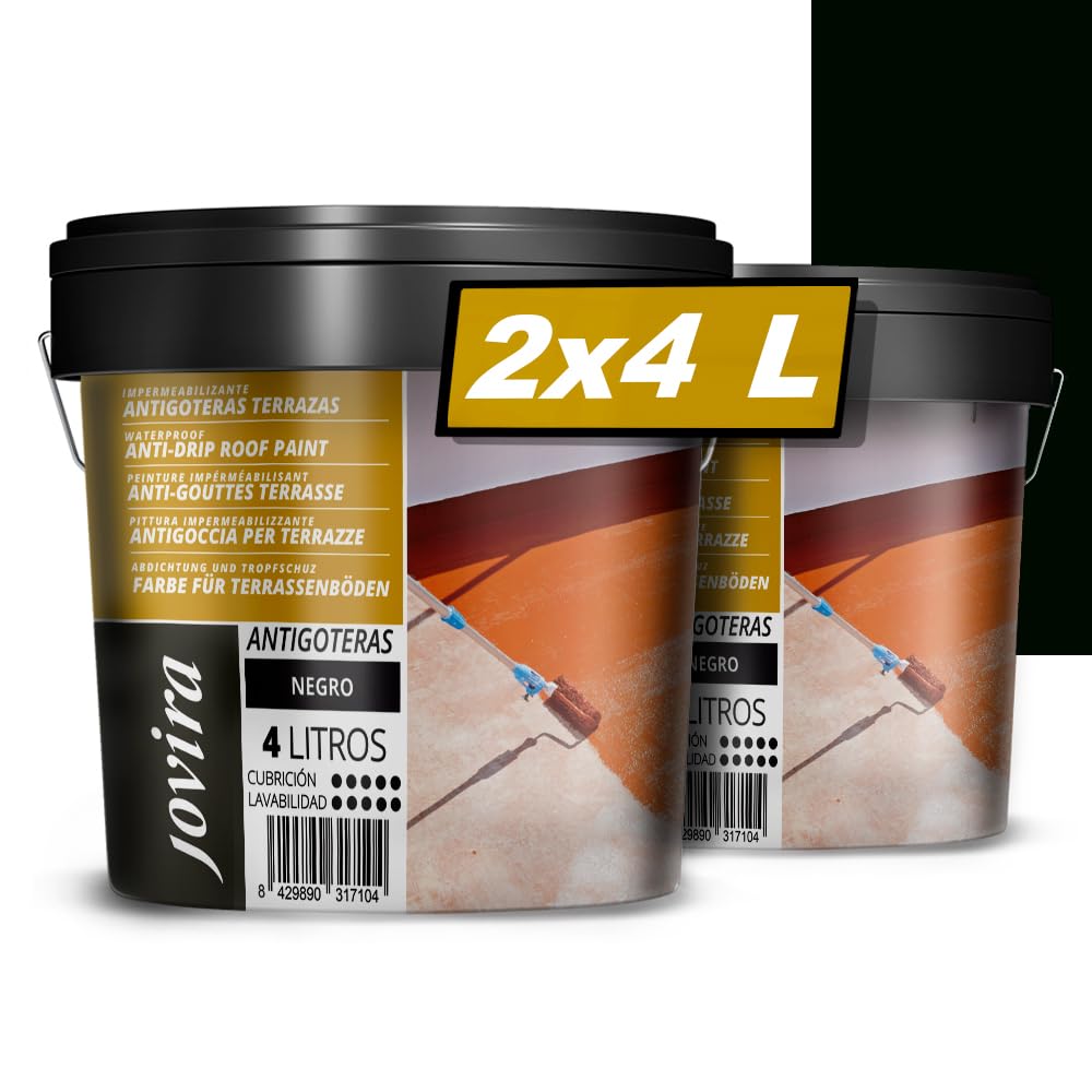 JOVIRA PINTURAS Impermeabilizante Antigoteras, Terraza Antigoteras Caucho Elástica, pintura de terrazas, evita filtraciones en todo tipo de cubiertas y terrazas. (2x4 Litros, Negro) A-43-2