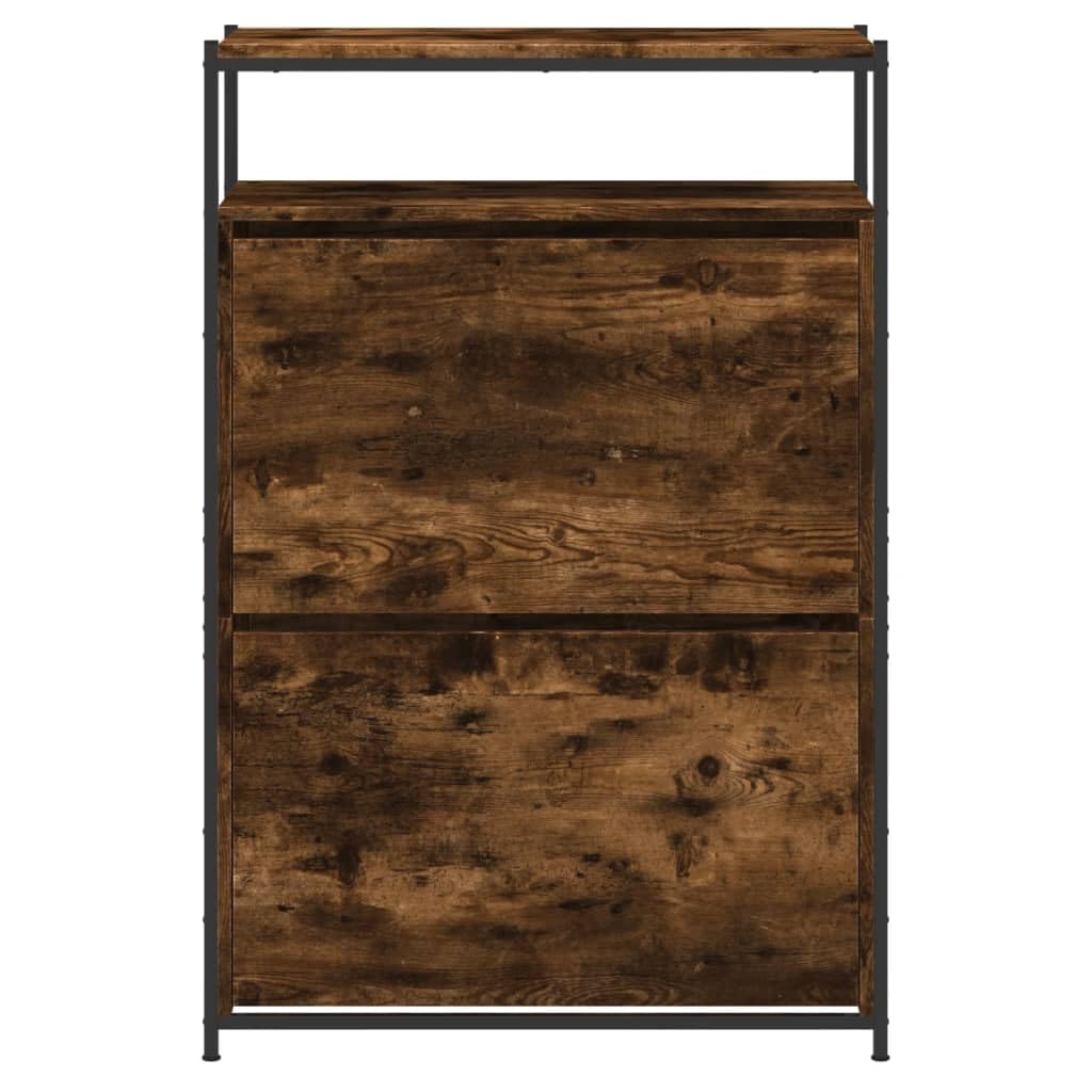 Szafka na buty, dąb wędzony, materiał drewnopochodny, 75 x 34 x 112 cm, wąska, nie zajmuje dużo miejsca, z 2 klapkami i 1 półką do przedpokoju, przedpokoju i wejścia, praktyczne