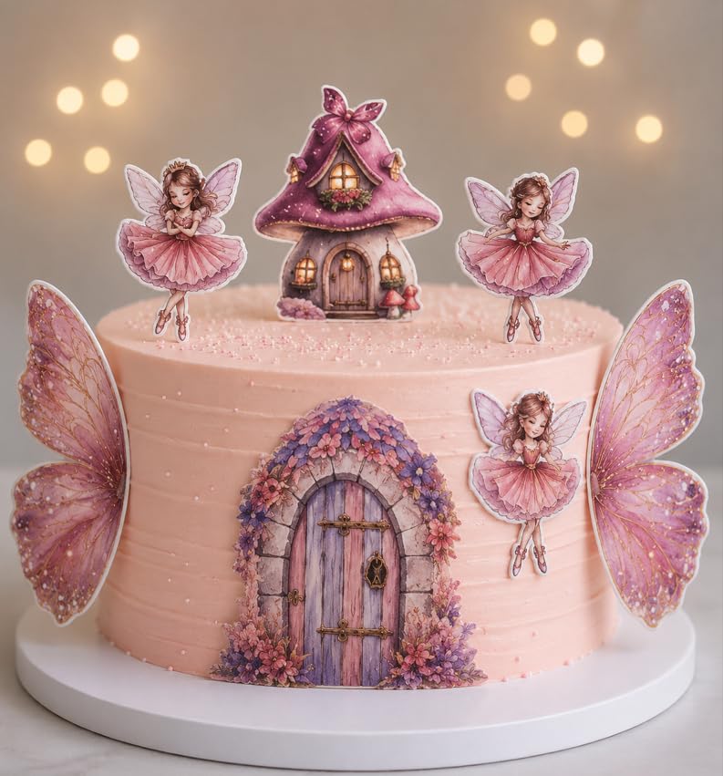 Homebakers Mart Fairy Butterfly Mushroom House Cake Topper Set for Girls Birthday Cake Decoration | Pink Fairy Cake Toppers for Princess Party, Fantasy Theme Decor-image-48
