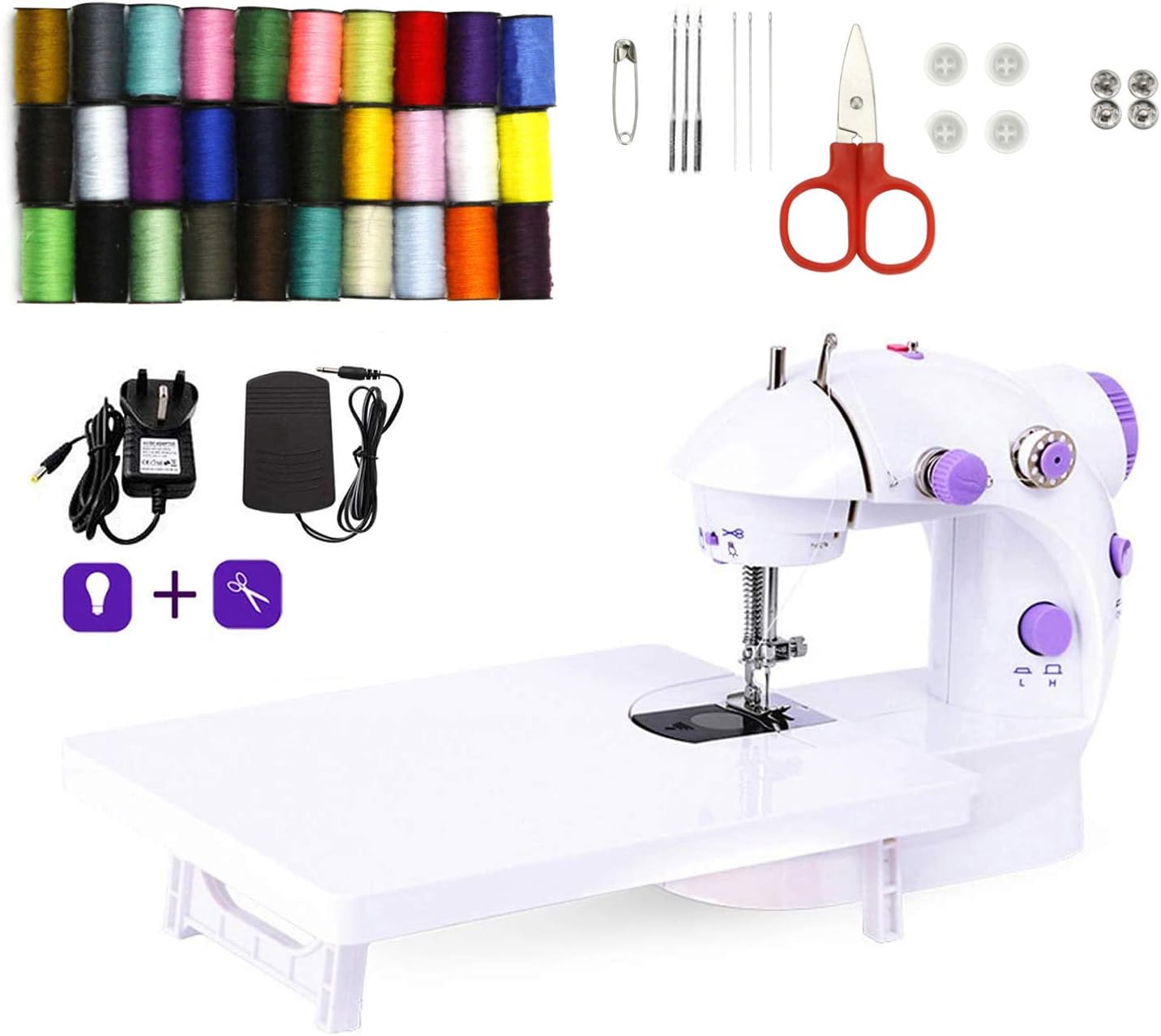 LMYJ Mini Sewing Machine with Extension Table and 53PCS of Sewing Accessories, Upgraded Portable Two Threads Double Speed Double Switches Household Kids Beginners Travel Automatic Sewing Machine