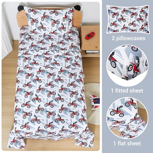Image of Viviland 4 Pieces Boys Grey Full Sheet Set - Soft Microfiber Fitted Flat Sheets & Pillowcase - Red Motorcycle Print Bedding Sets - for Kids & Toddlers