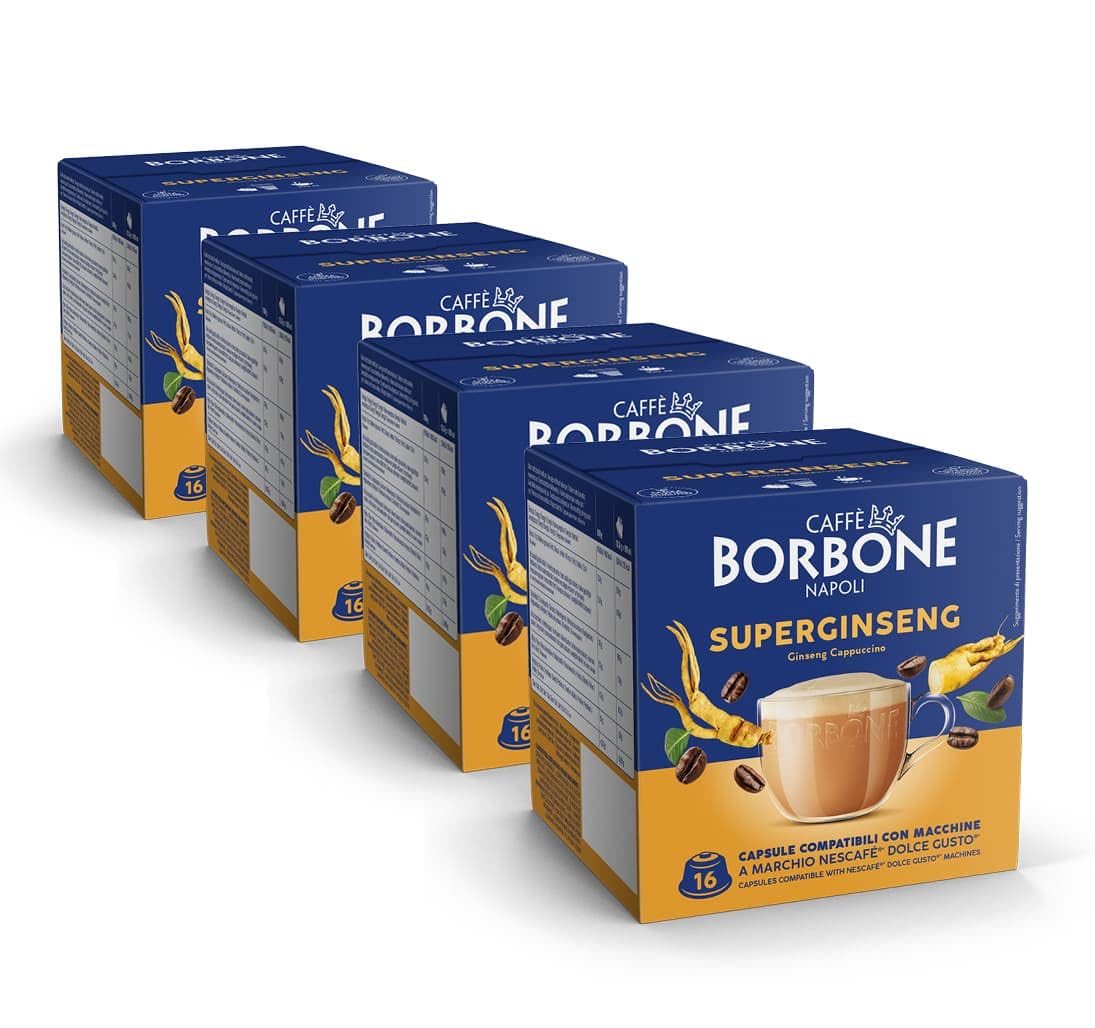 CAFFÈ BORBONE 154 cápsulas compatibles con las máquinas Nescafé® Dolce Gusto® - Kit surtido: 90 cápsulas de Espresso Fuerte 8/10 + 64 de Ginseng (4 paquetes de 16)
