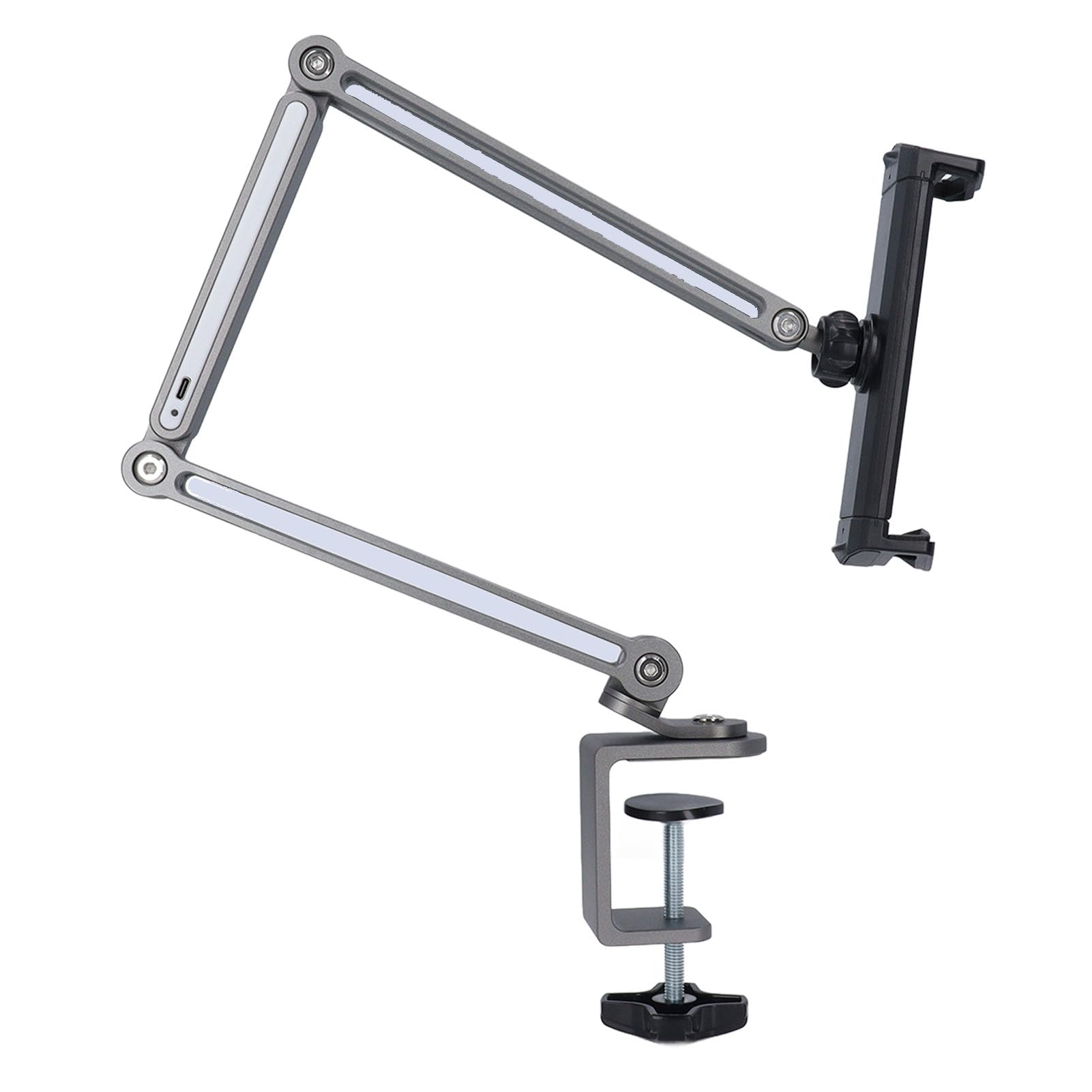 Naroote Supporto per Telefono con Supporto per Tablet, per Telefono con Rotazione a 360° con Morsetto, Braccio Lungo e Luce Regolabile, Design Portatile Pieghevole, Ideale per Scrivania e Letto (GRAY)