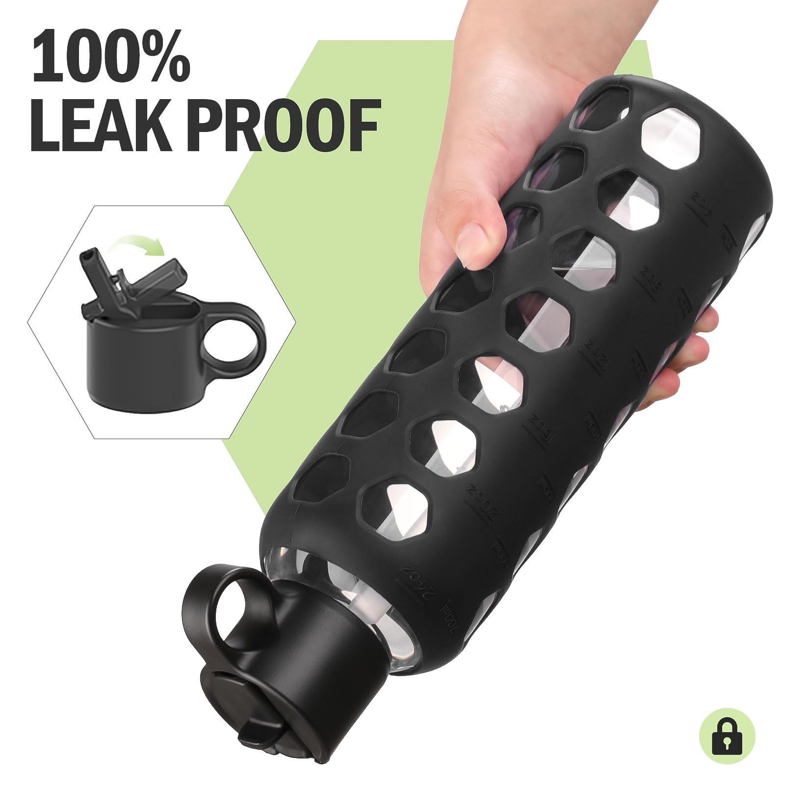 BLUEGO Borracce in vetro, 700ml Bicchiere in vetro, Bottiglie per bere con 2 coperchi, Bottiglia per l'acqua sportiva con custodia in silicone, A prova di perdite, Nero
